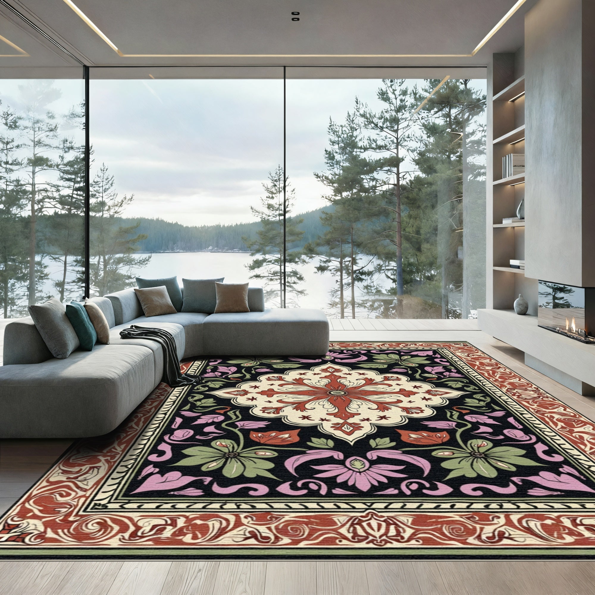 Crimson Floral Garden Medallion Rug