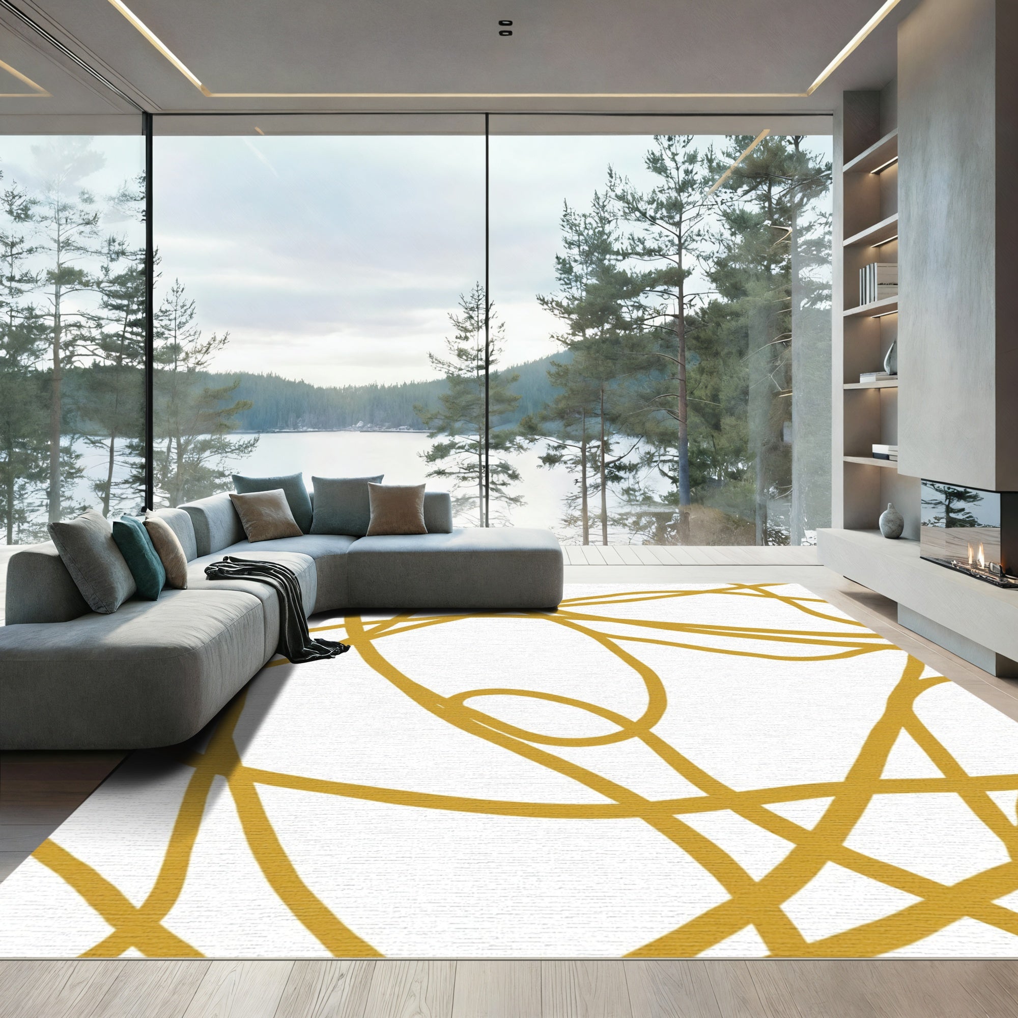 Golden Abstract Continuous Line Rug