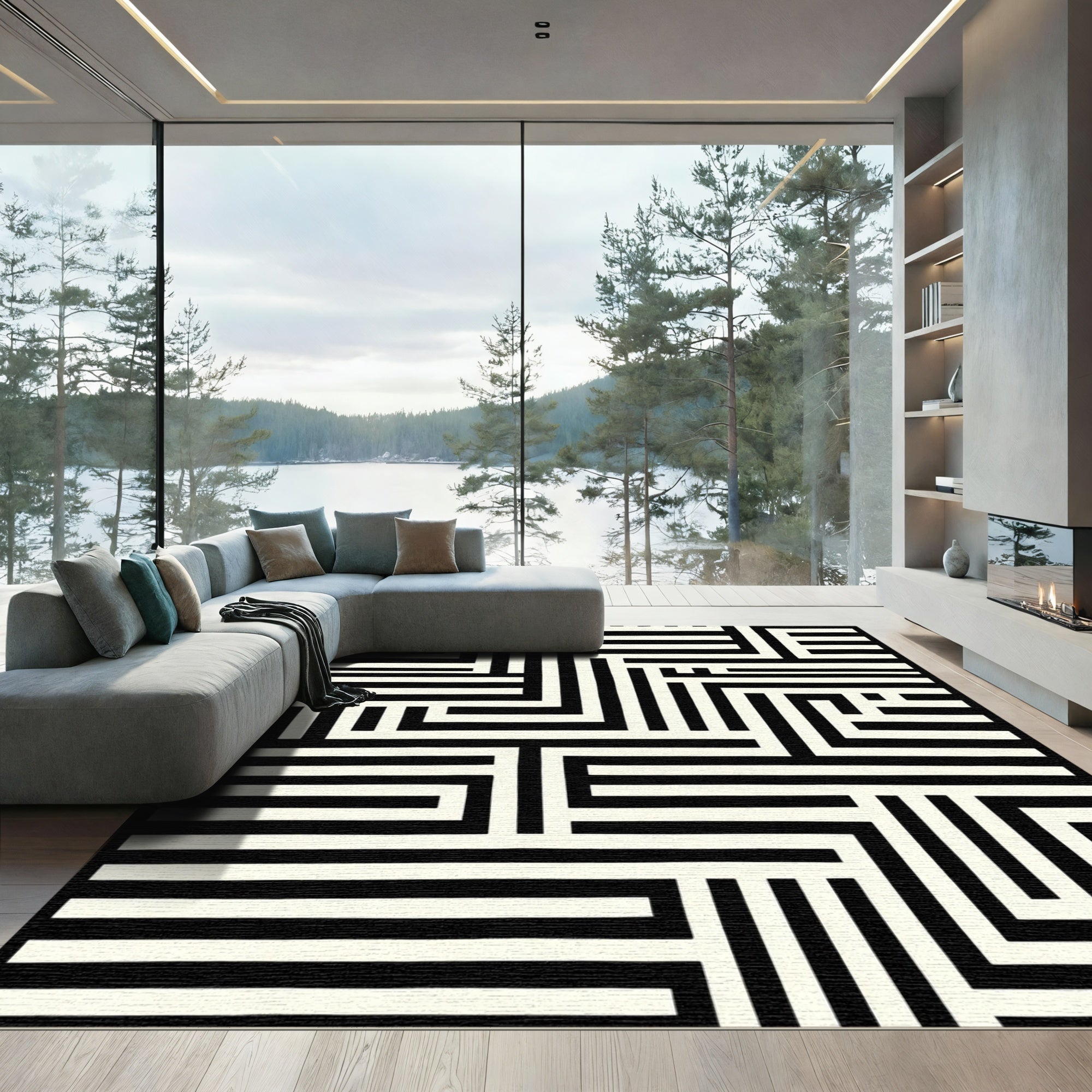 Black Cream Interlocking Geometric Lines Rug