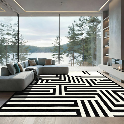 Black Cream Interlocking Geometric Lines Rug