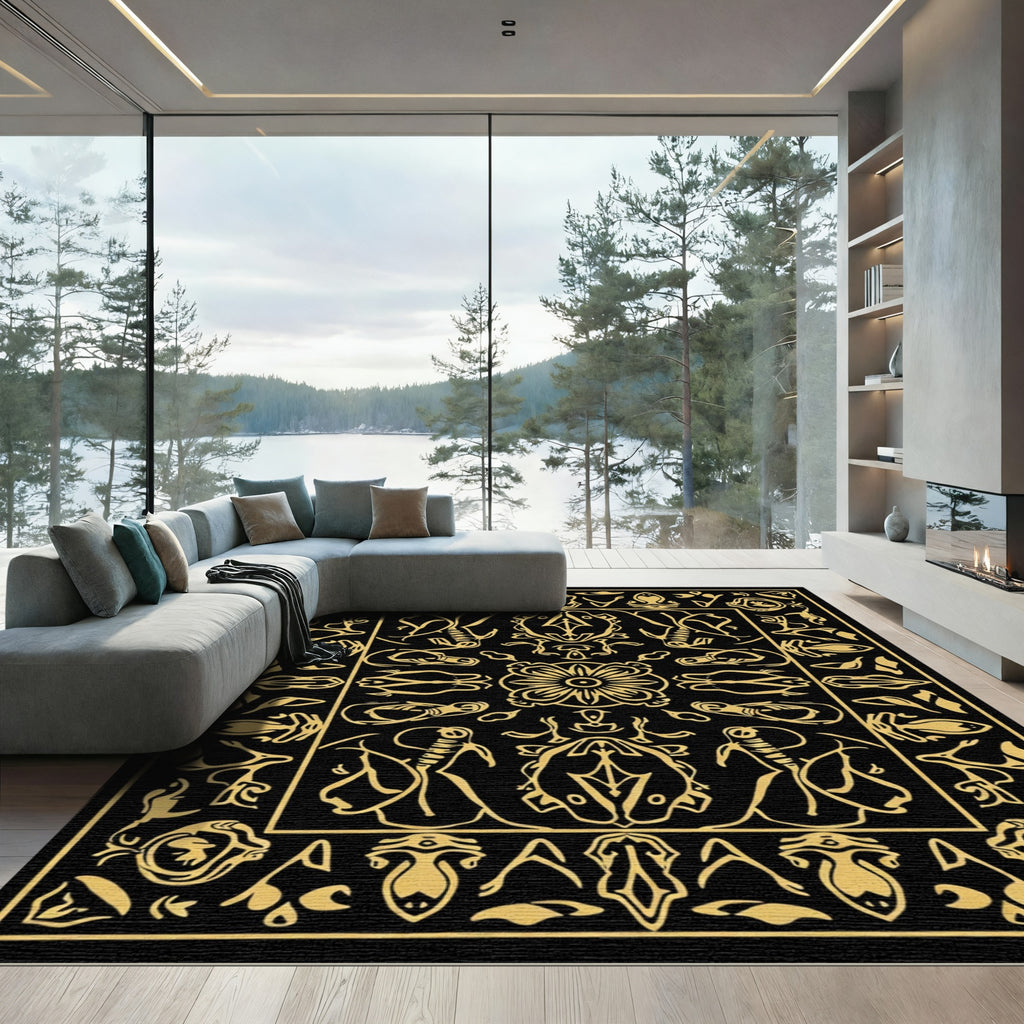 Black Gold Art Nouveau Floral Geometric Rug