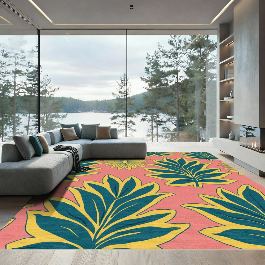 Coral Yellow Teal Leaf Floral Rug