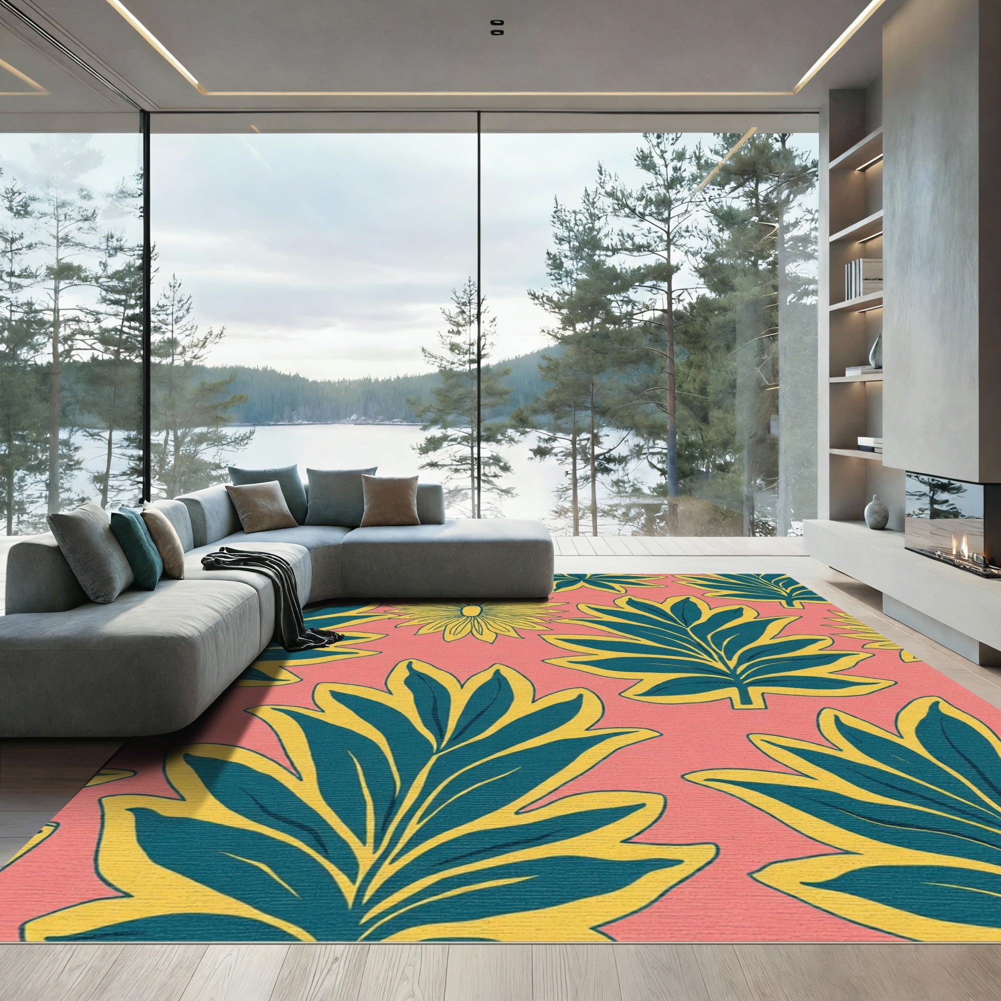 Coral Yellow Teal Leaf Floral Rug