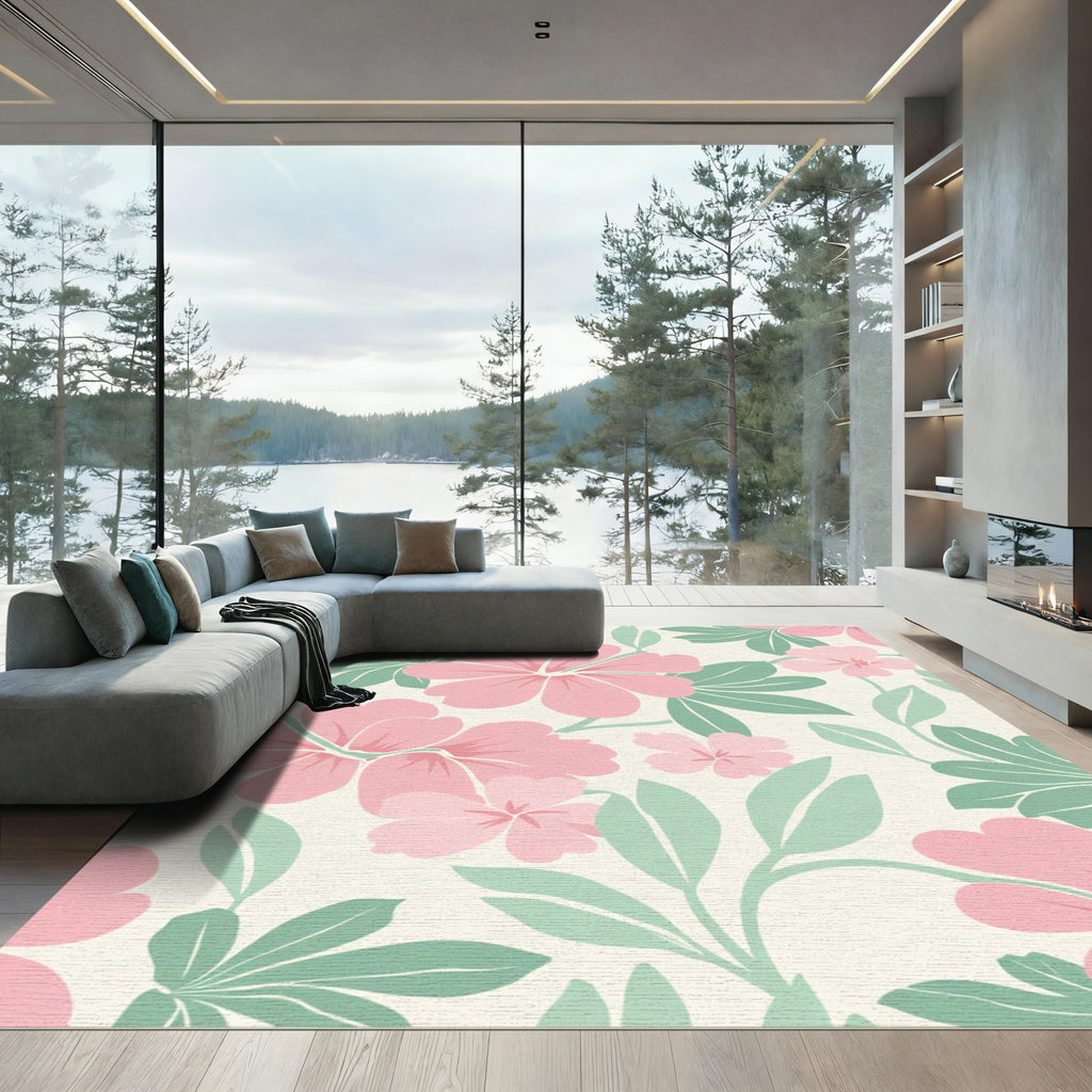 Pink Soft Floral Foliage Composition Rug