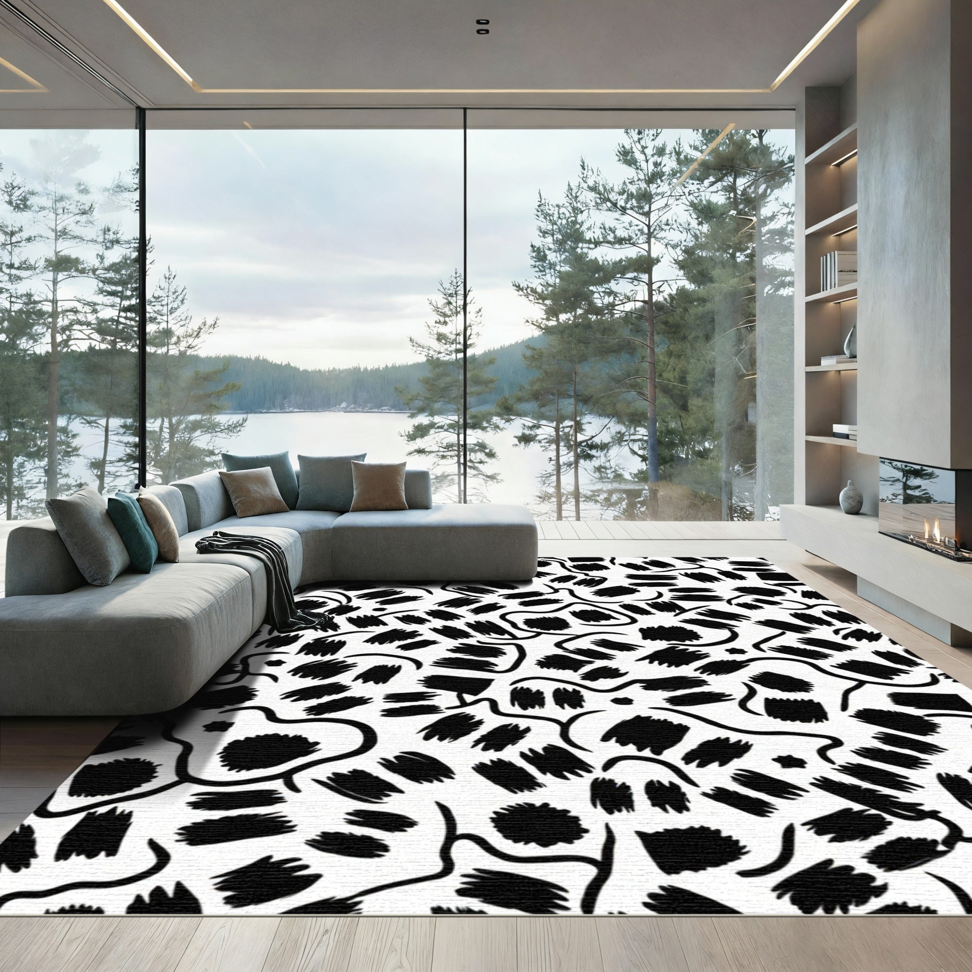 Black Brushstroke Swirl Abstract Rug