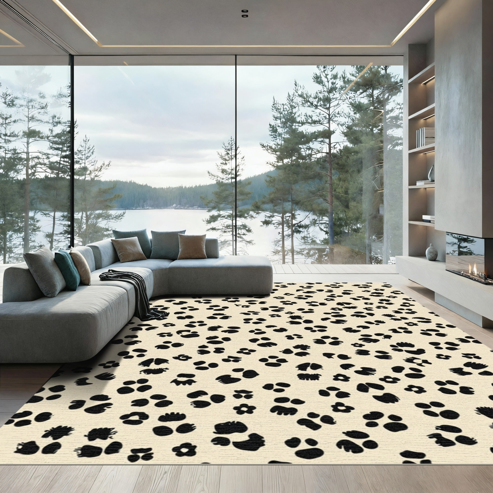 Cream Black Paw Print Scatter Rug