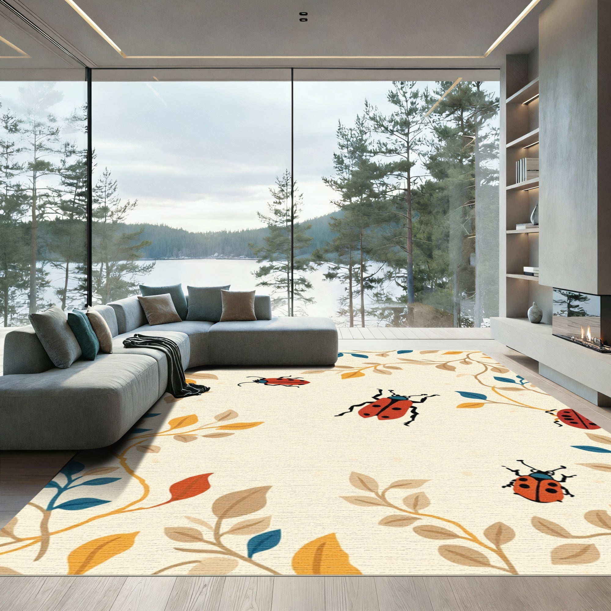 Red Ladybugs In Autumn Foliage Border Rug