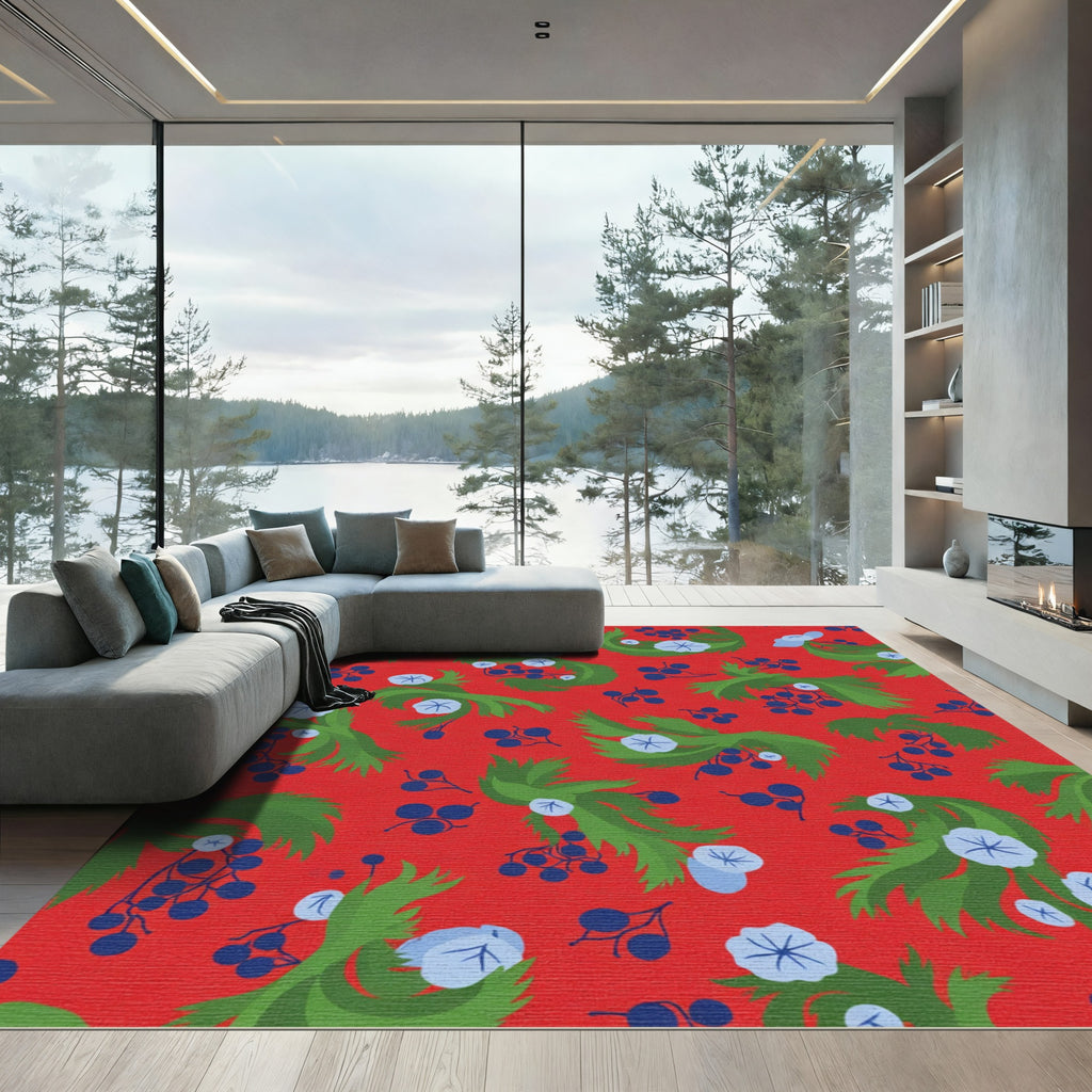 Red Blue Berry Floral Swirl Rug