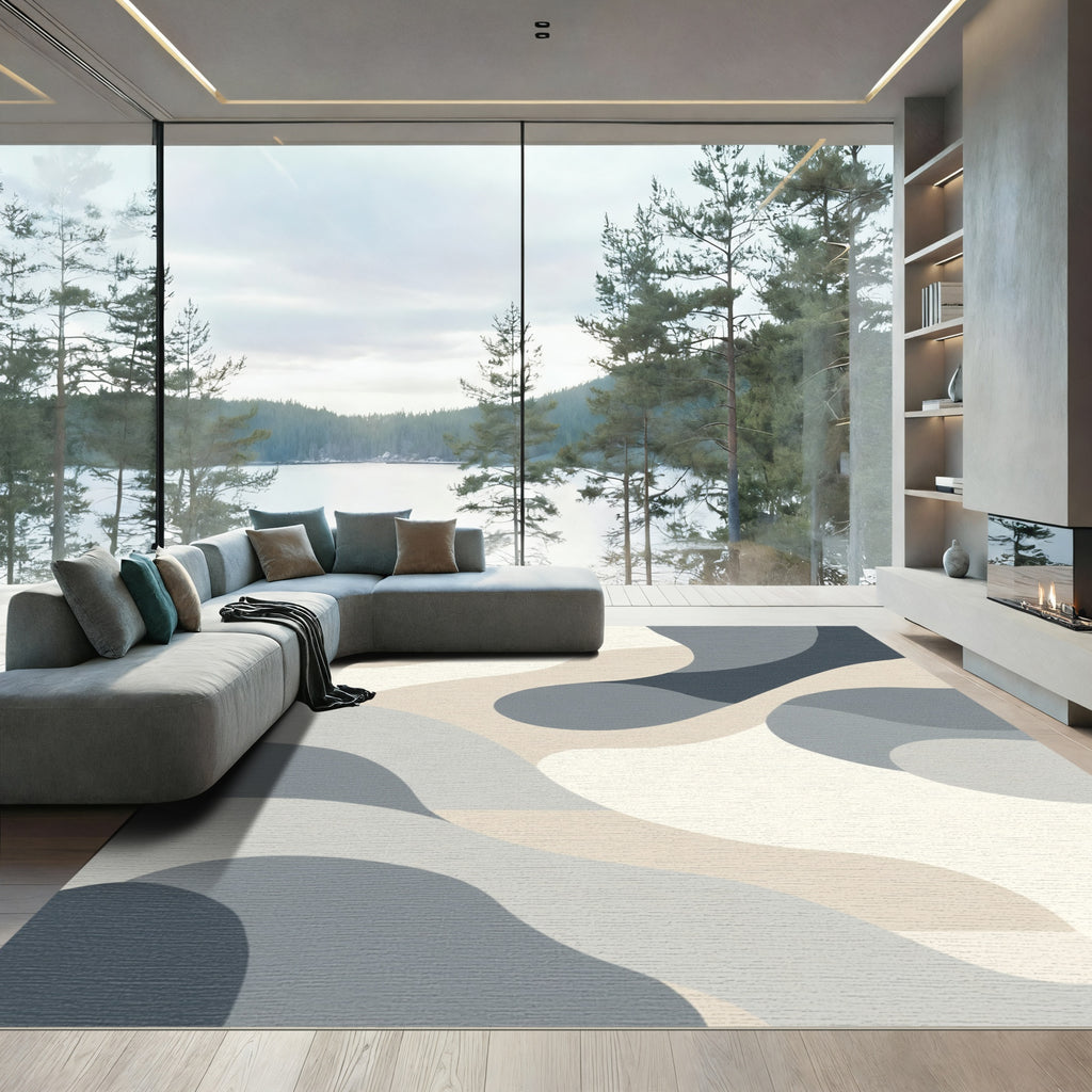 Contemporary Abstract Wave Cream Blue Rug