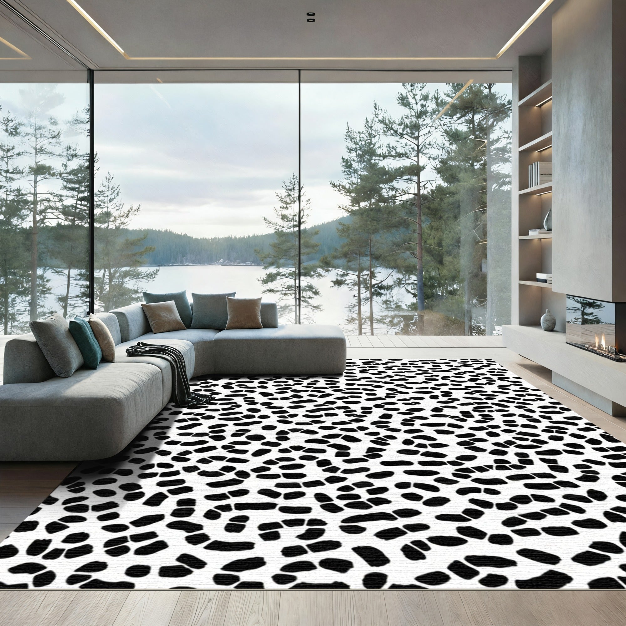 Black Abstract Pebble Scatter Rug