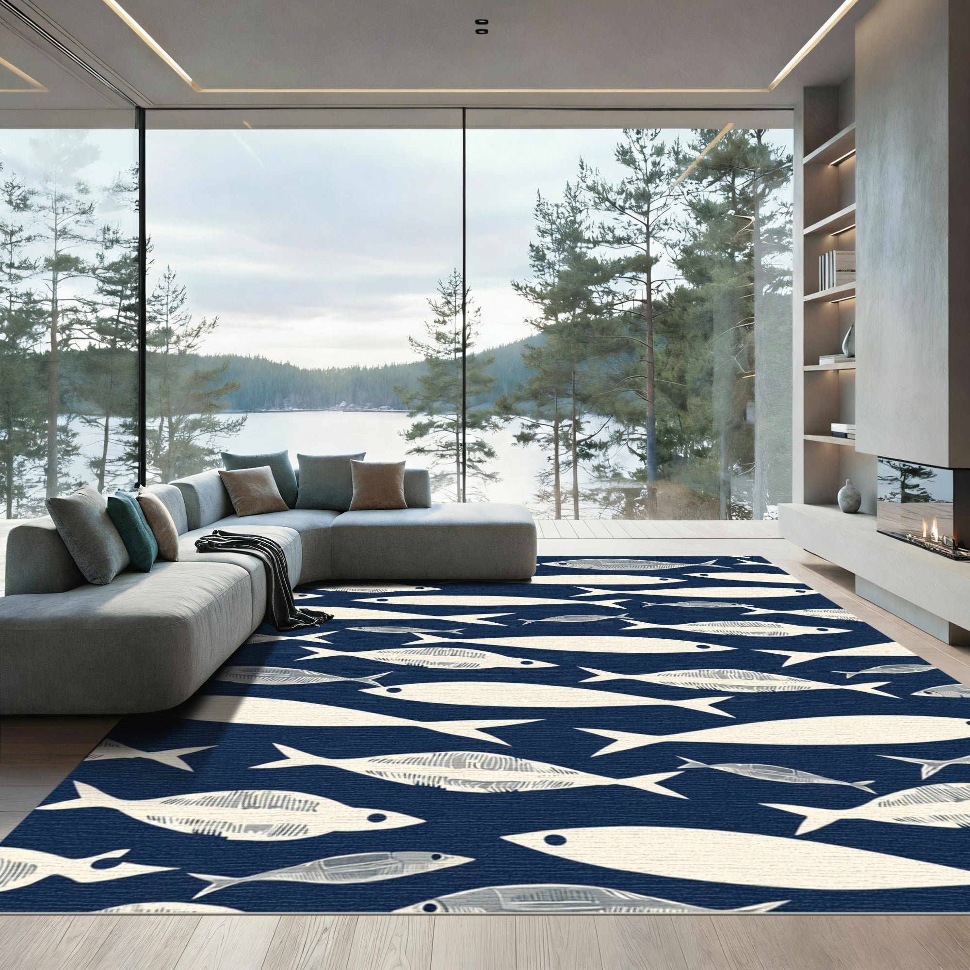Schooling Fish Navy Blue Rug