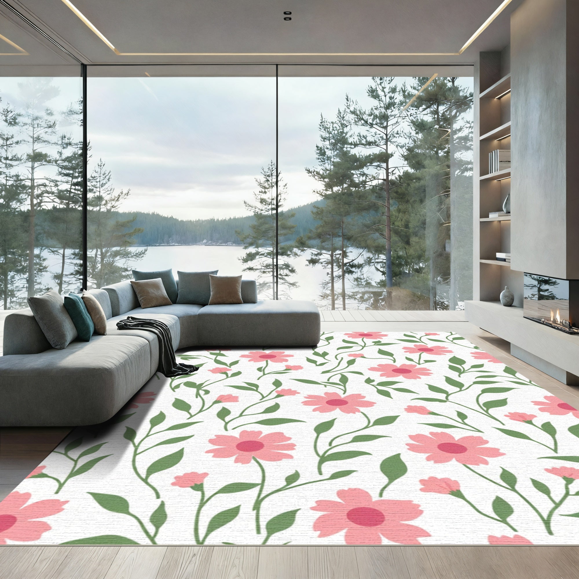 Pink Daisy Floral Vine Composition Rug