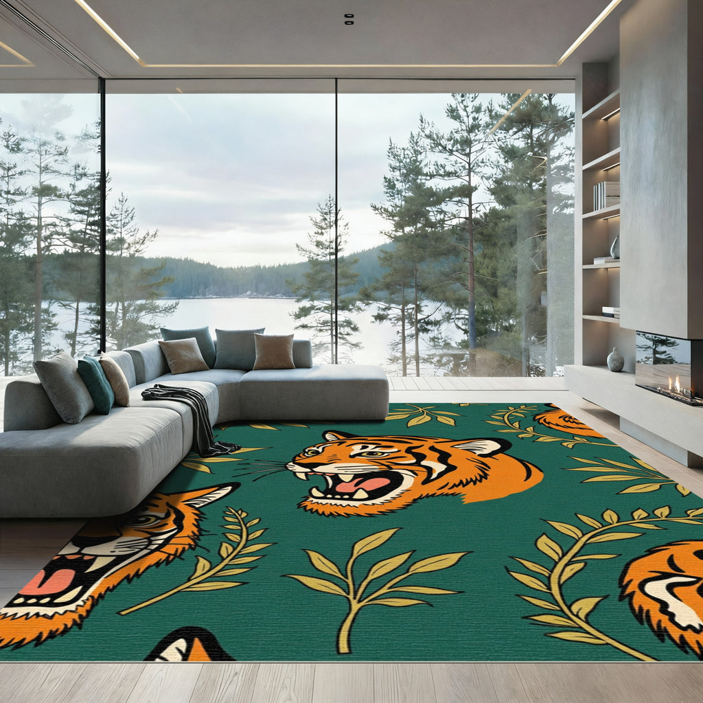 Fierce Orange Tiger Jungle Leaf Rug