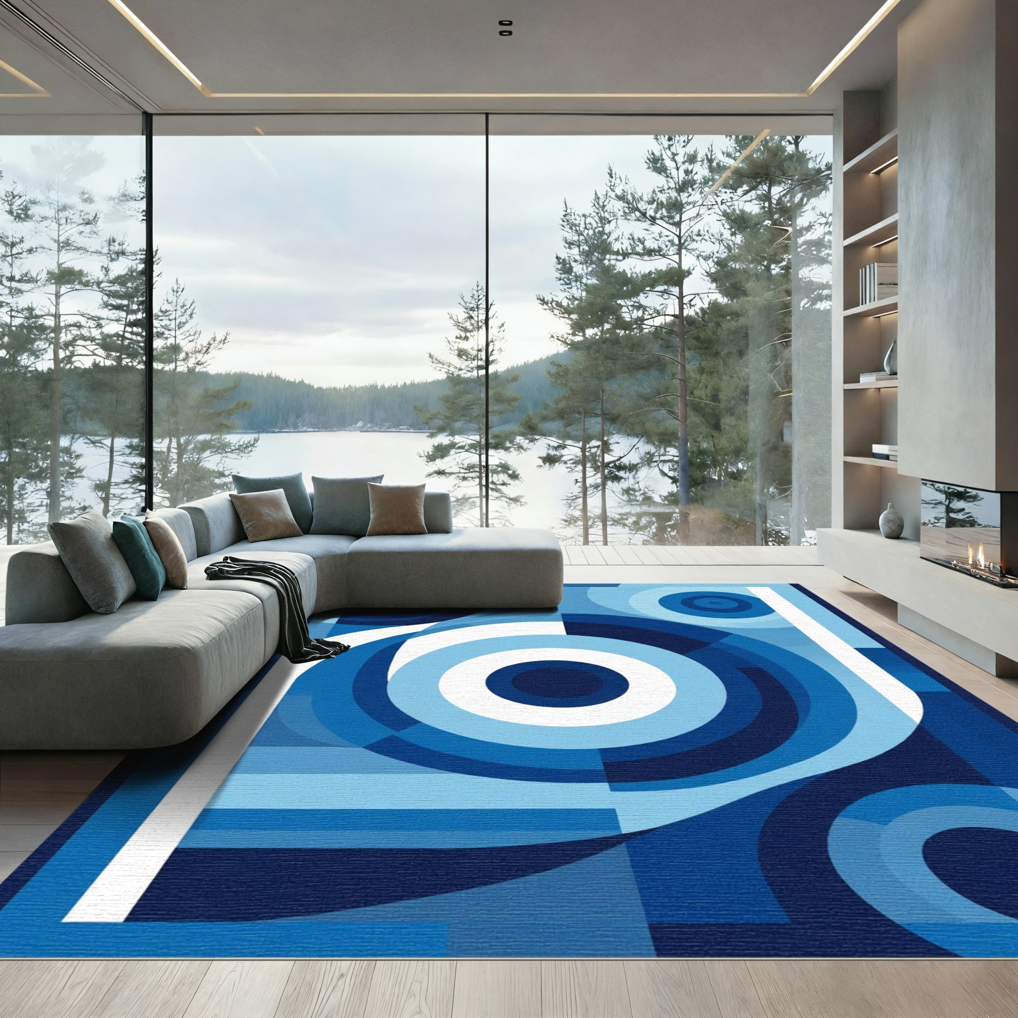Modern Deep Blue Concentric Circles Rug