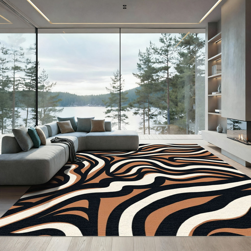 Amber Black White Wavy Stripes Rug