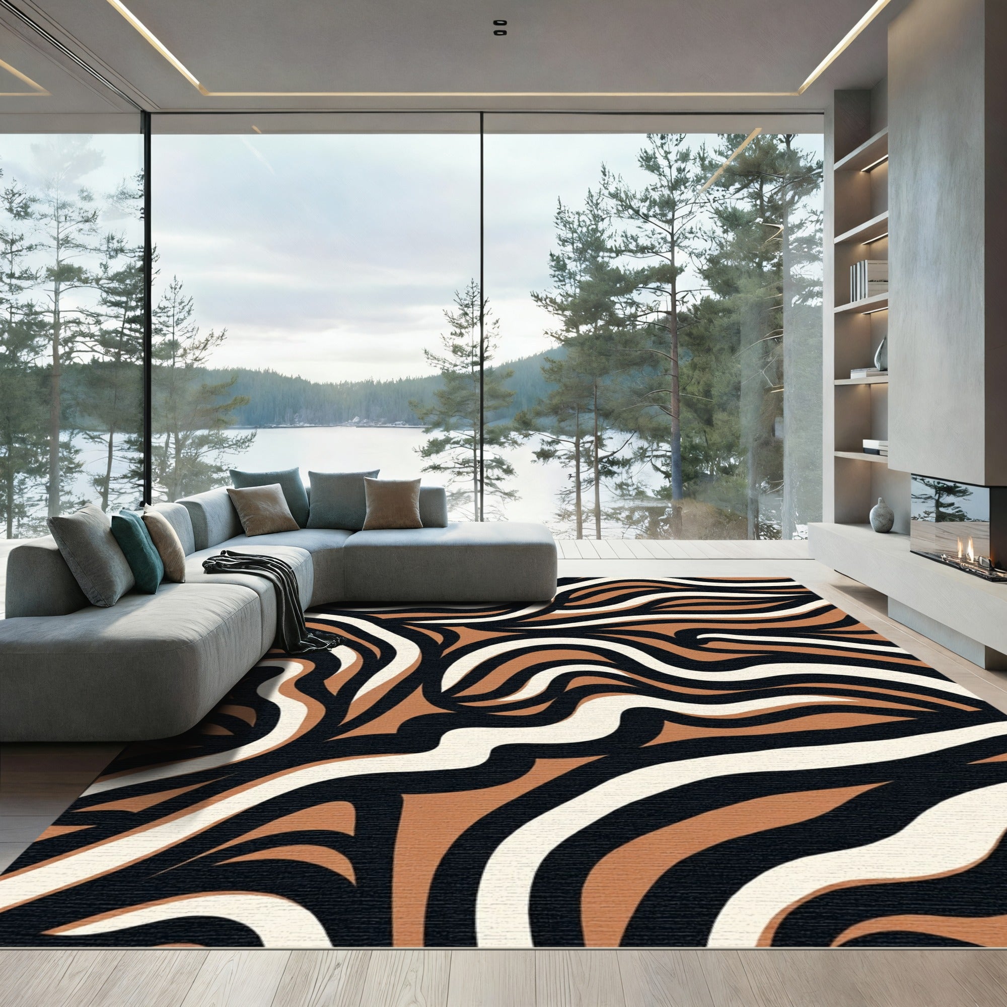 Amber Black White Wavy Stripes Rug
