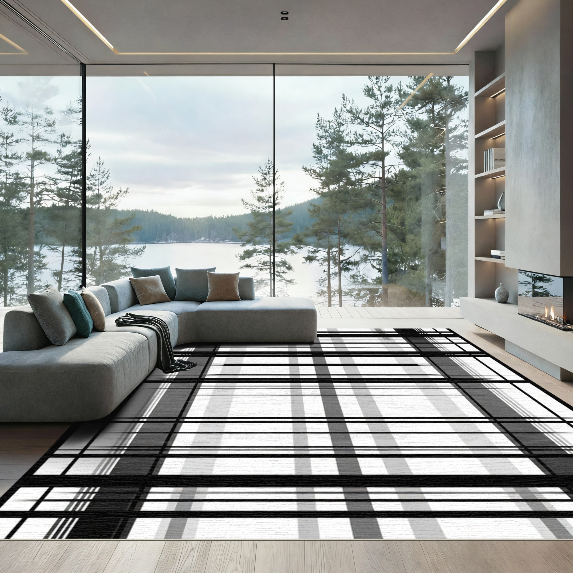 Monochrome Bold Stripe Grid Rug