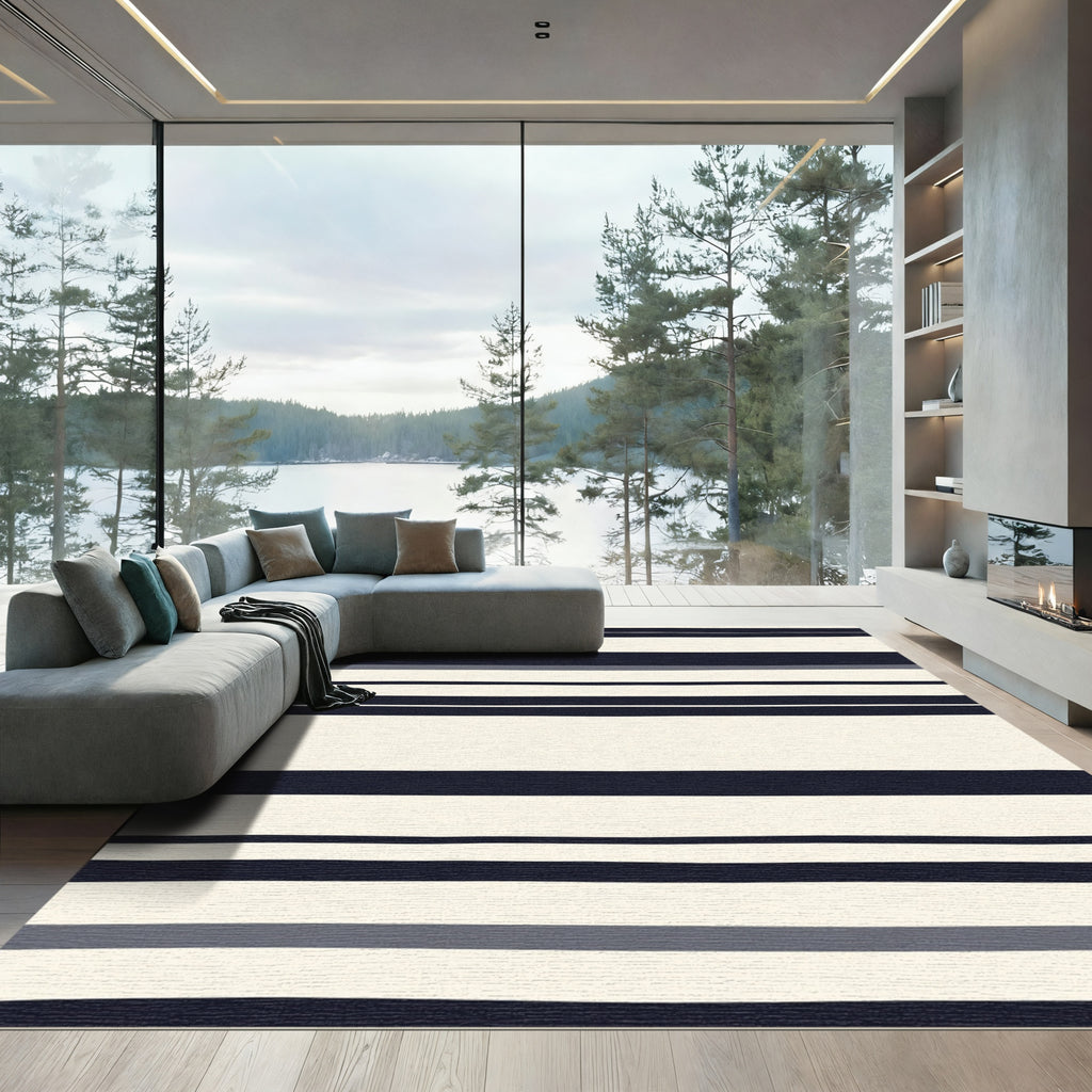 Navy Cream Striped Rug