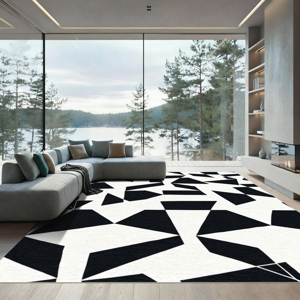 Modern Black White Geometric Abstract Rug