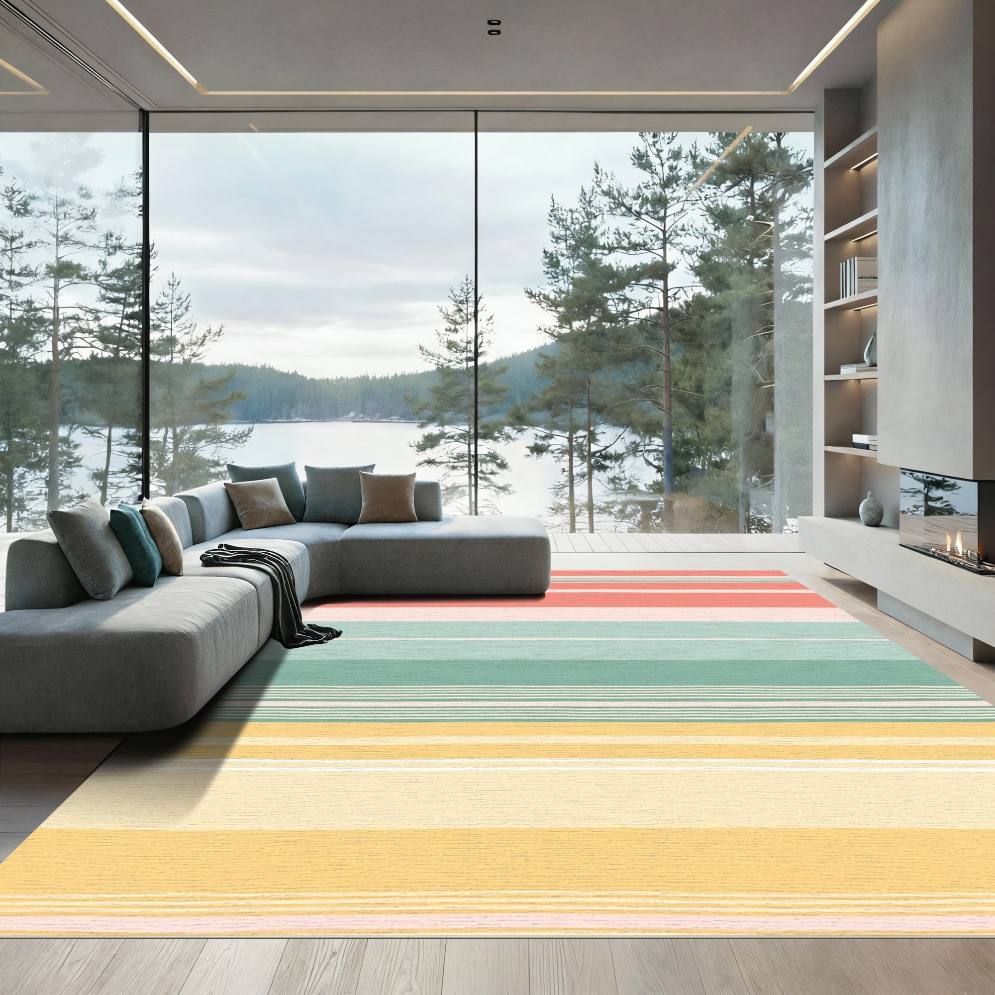 Coral Aqua Yellow Striped Harmony Rug