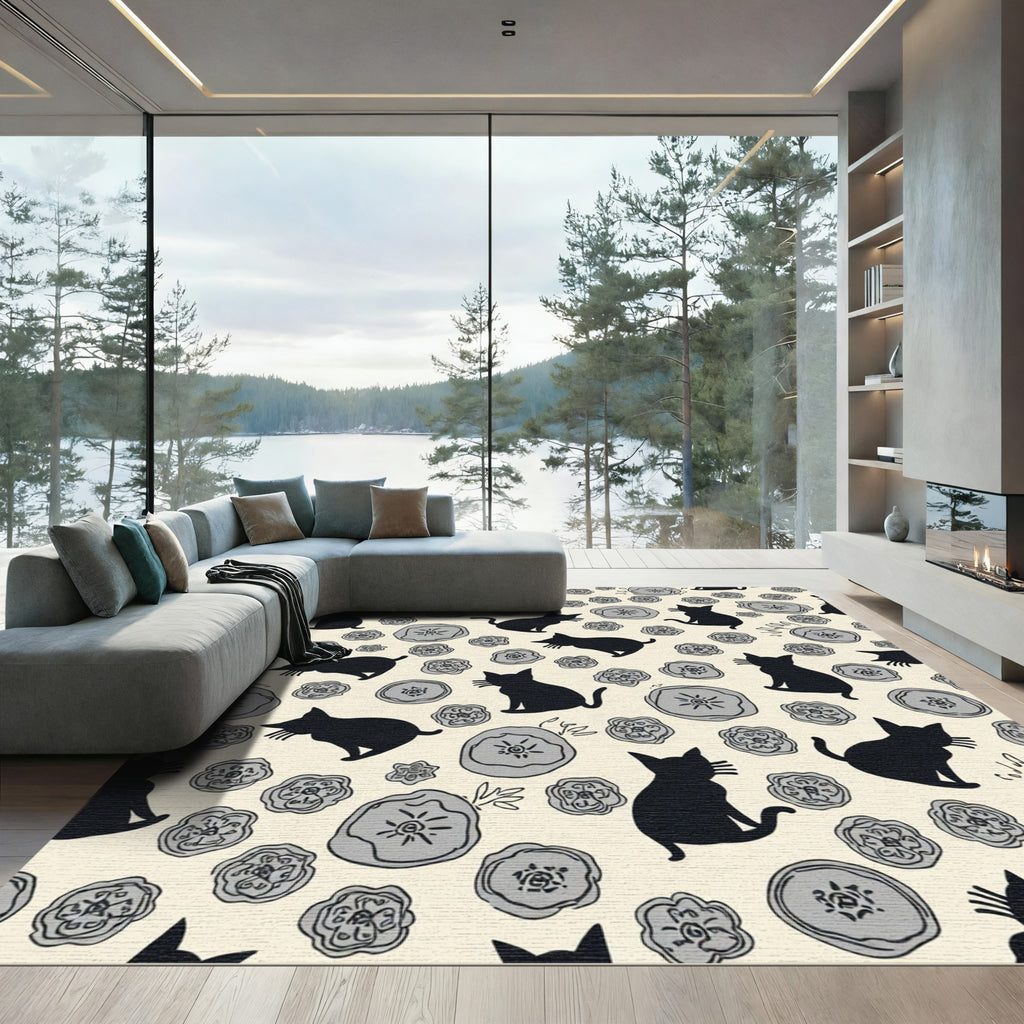Whimsical Black Cats Floral Collage Rug