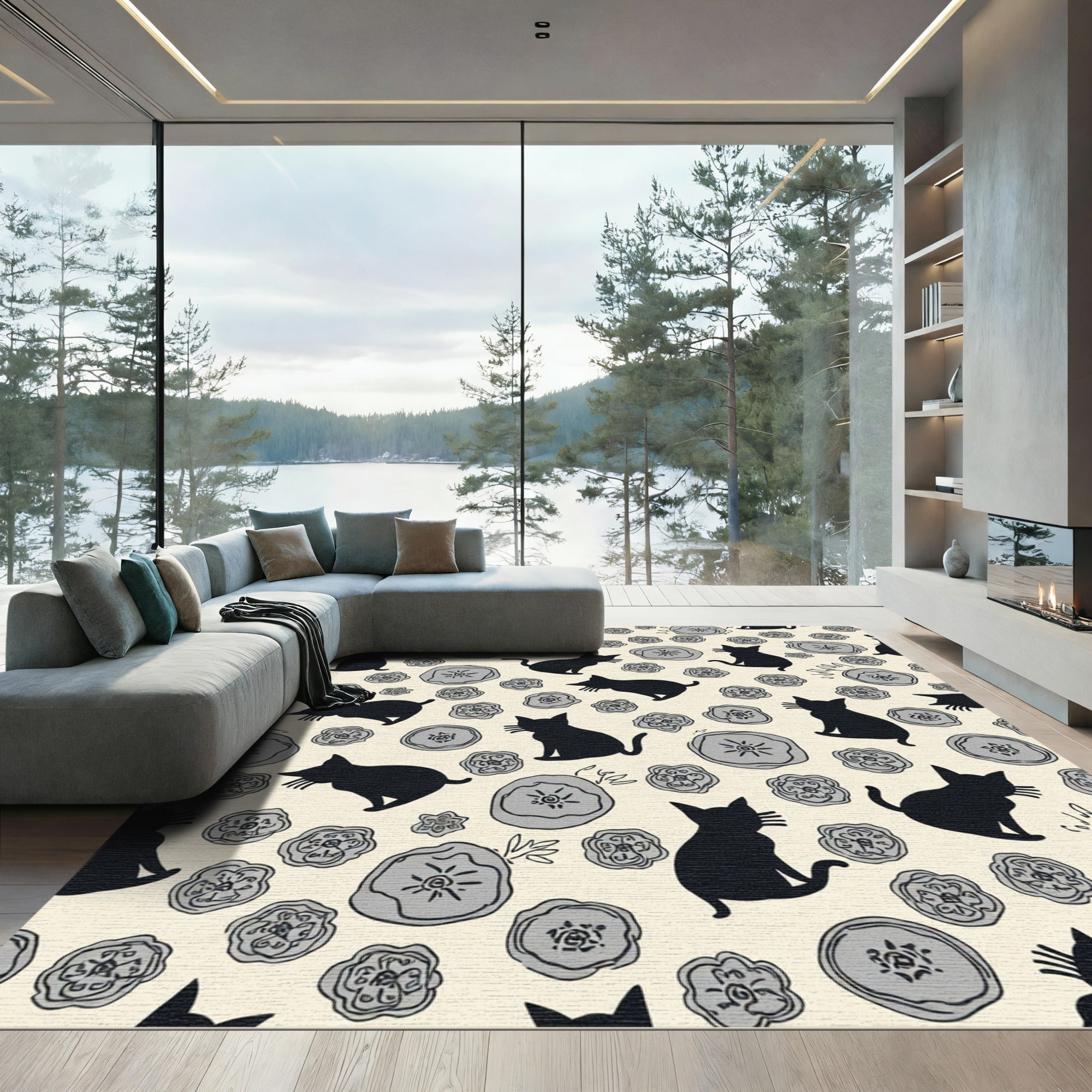 Whimsical Black Cats Floral Collage Rug