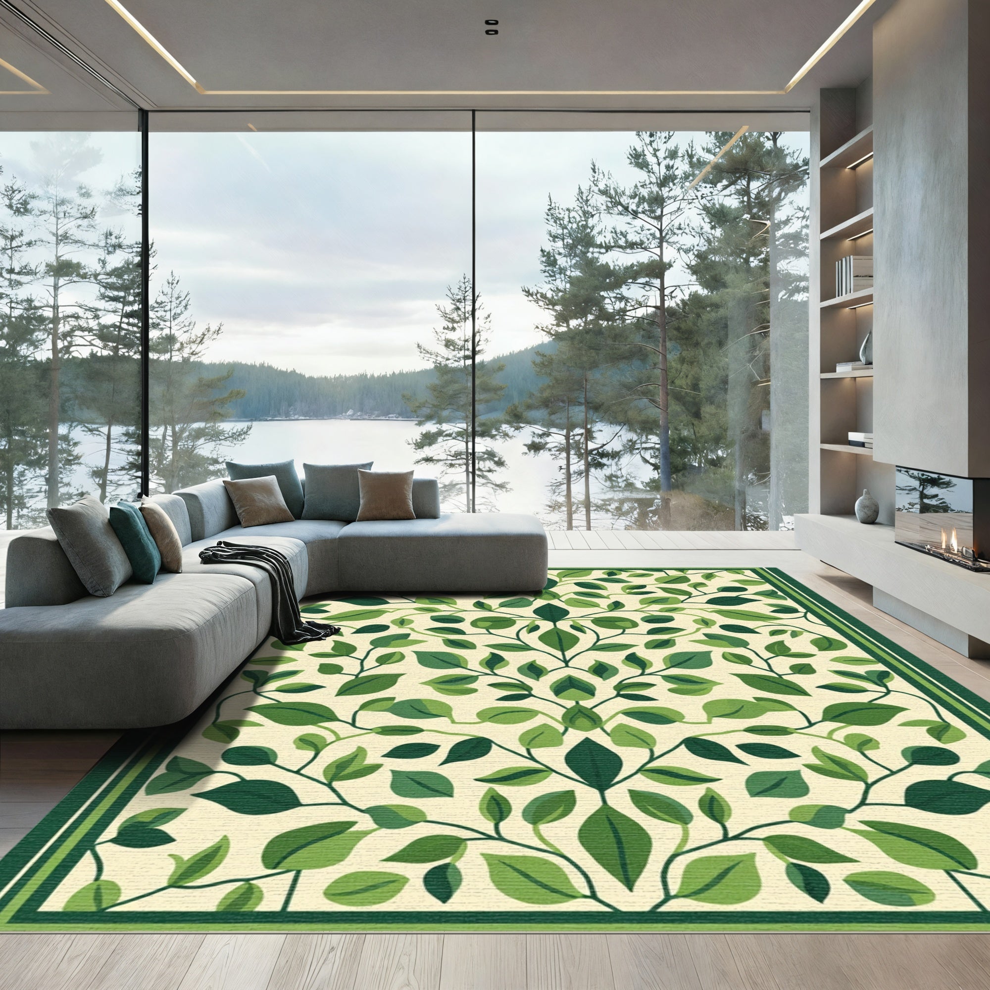 Green Leafy Vines Mandala Rug