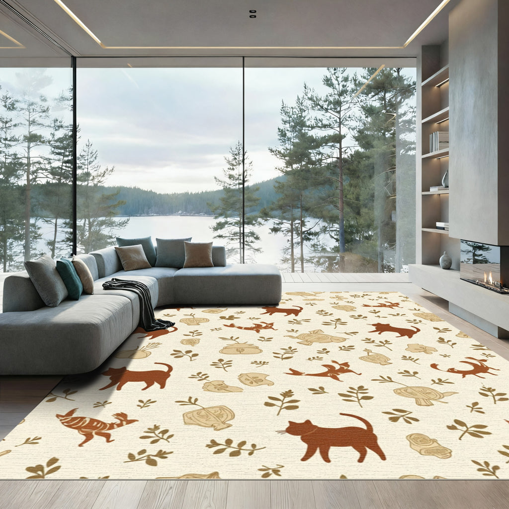 Brown Feline And Floral Whimsical Repeat Rug