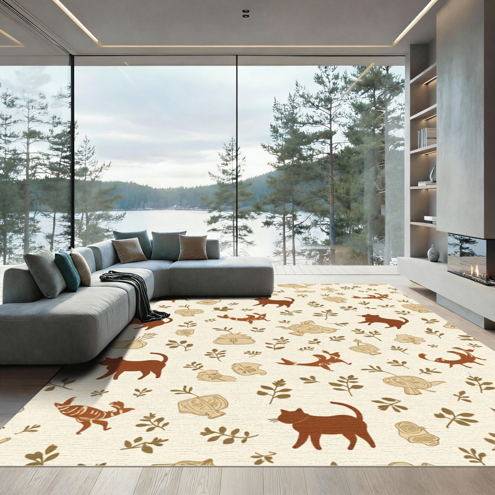 Brown Feline And Floral Whimsical Repeat Rug