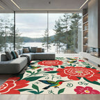 Crimson Floral Birds Whimsical Garden Rug