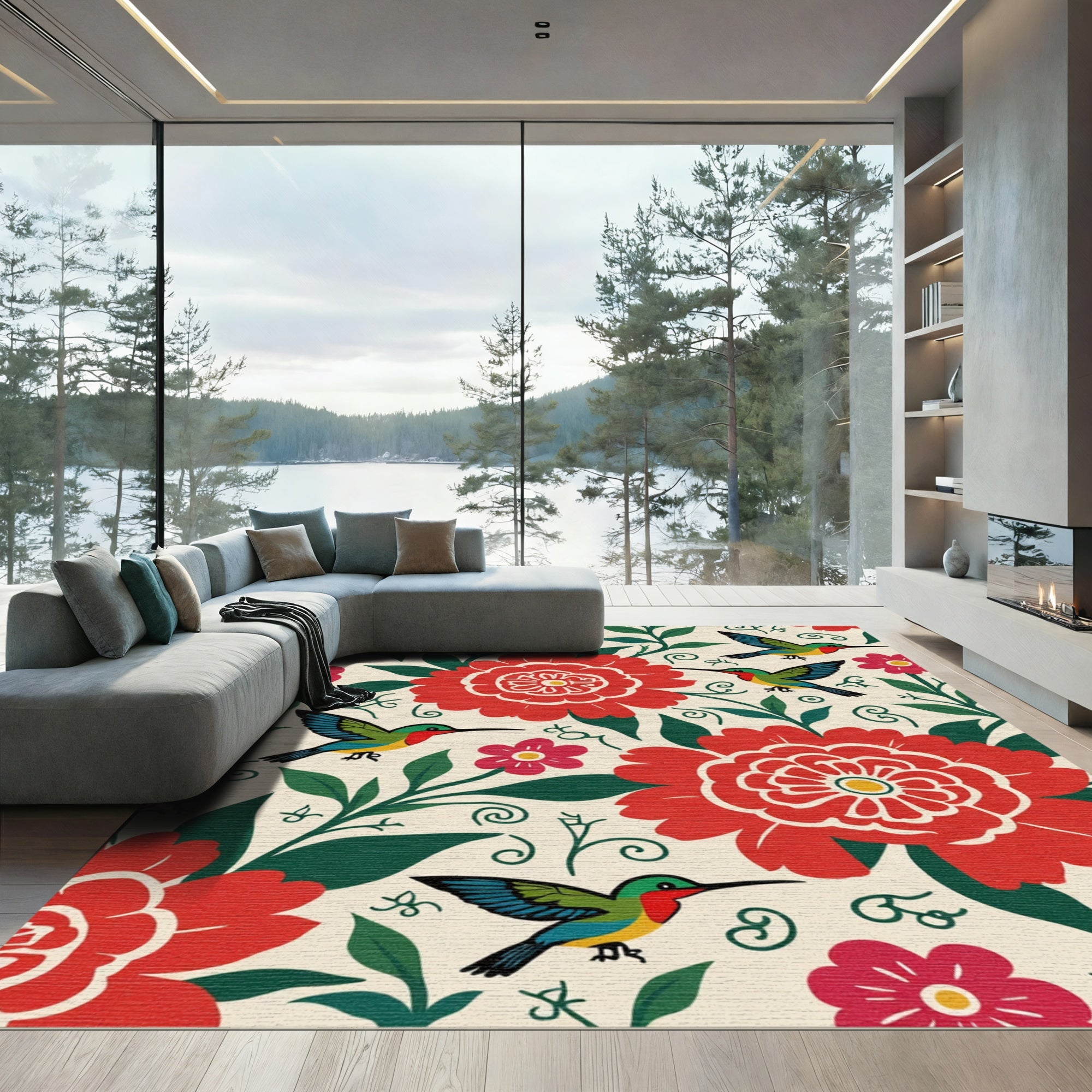 Crimson Floral Birds Whimsical Garden Rug