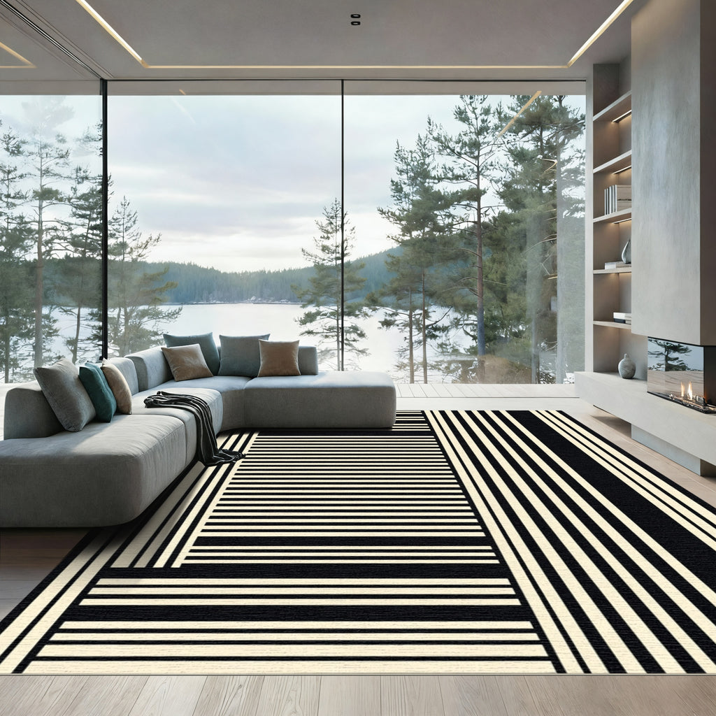 Modern Black Cream Striped Composition Rug