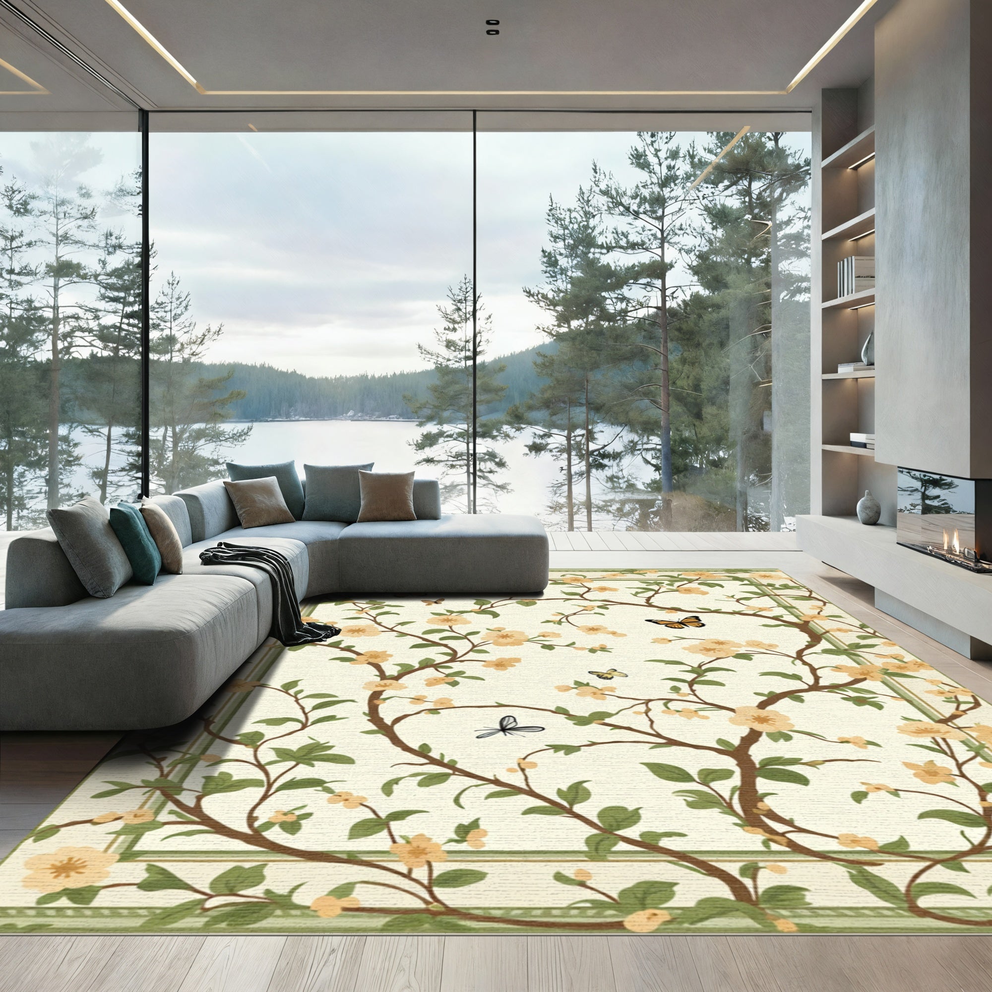 Floral Branch Butterfly Garden Rug