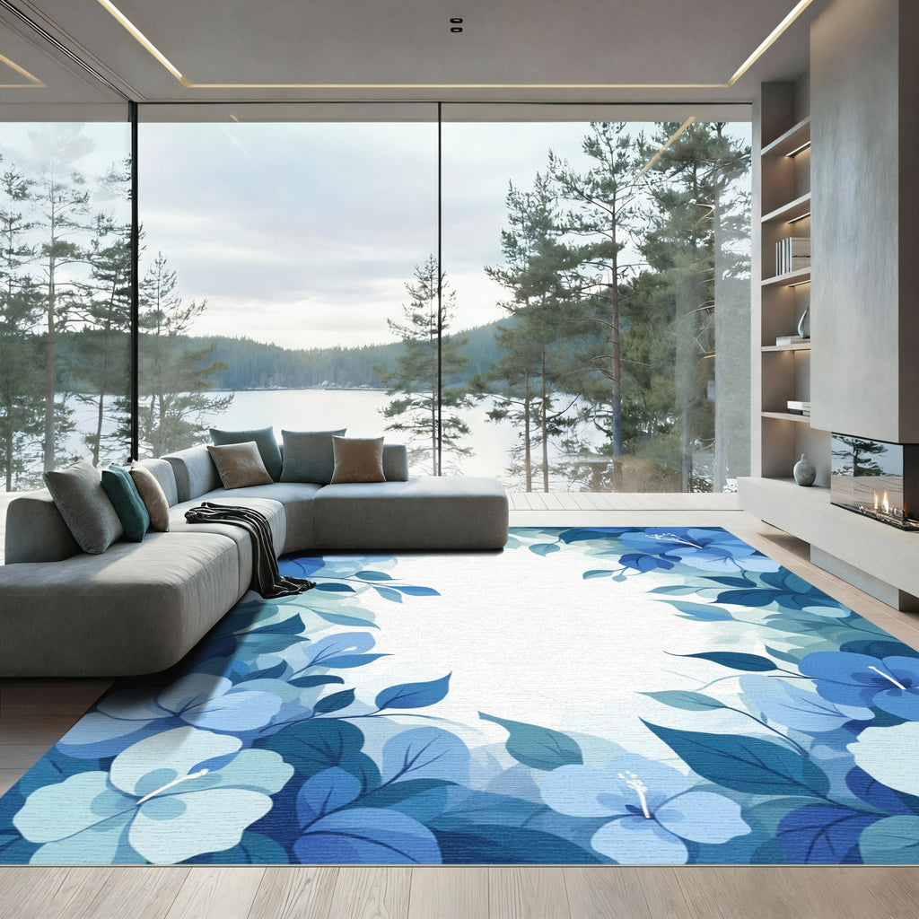 Indigo Blue Tropical Floral Border Rug