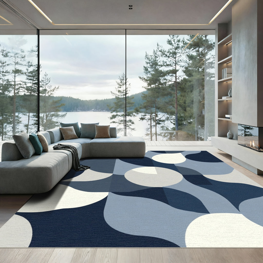 Deep Blue Modern Geometric Fluid Rug