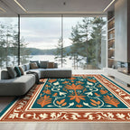 Teal Orange White Floral Vine Border Rug