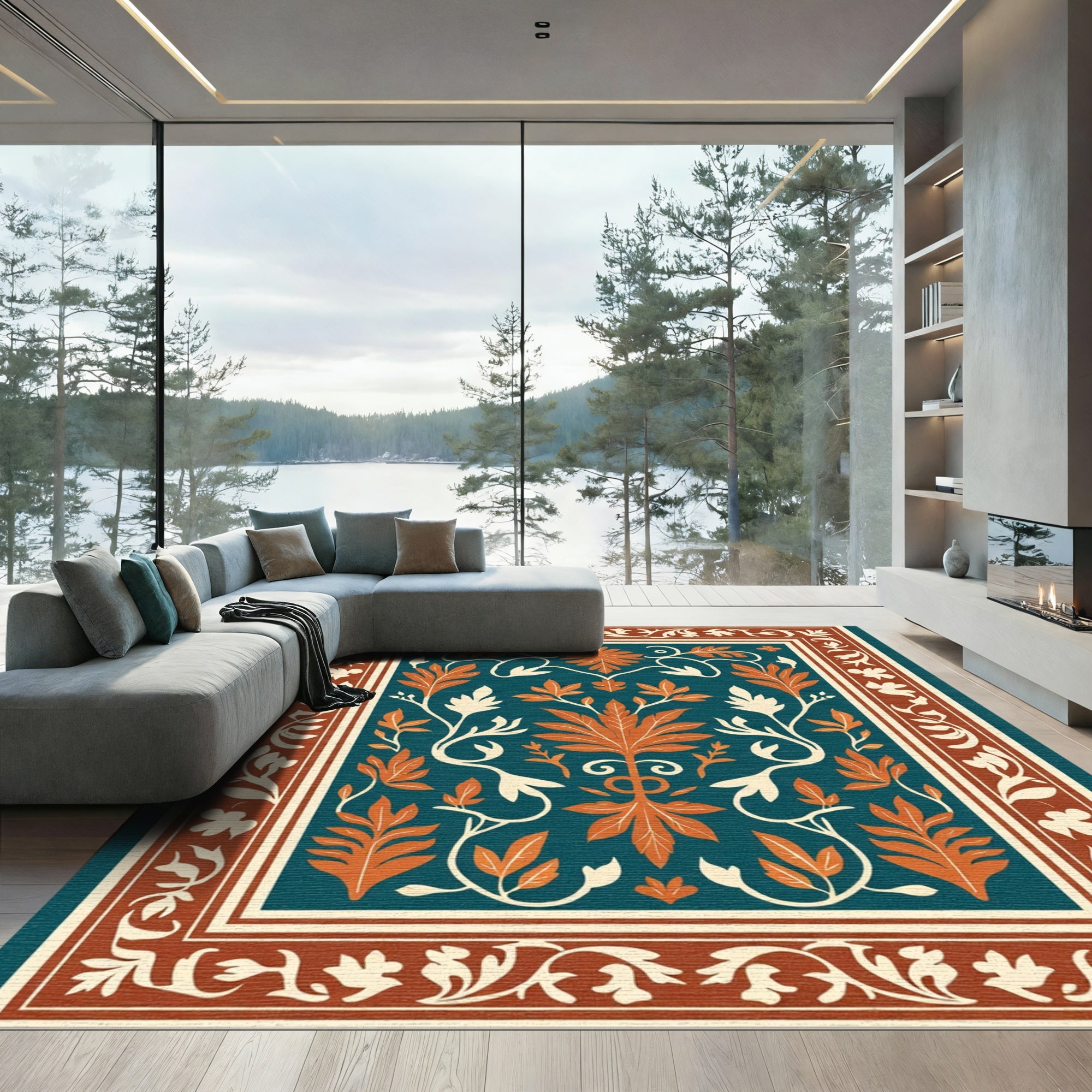 Teal Orange White Floral Vine Border Rug