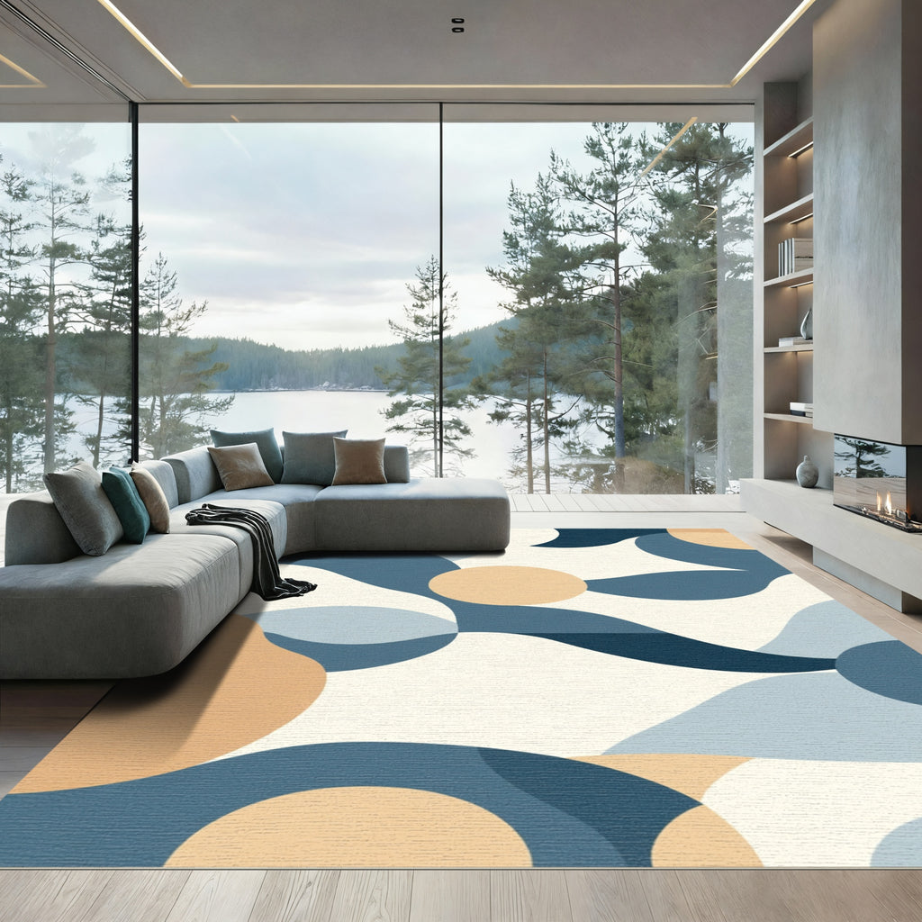 Blue Tan Abstract Organic Shape Rug