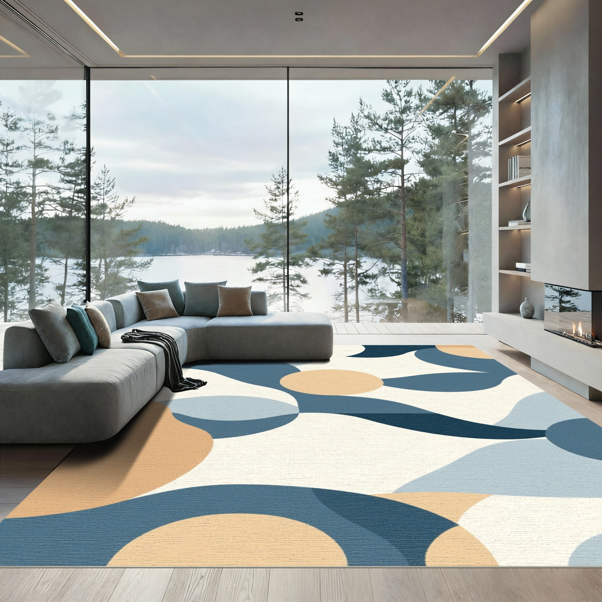 Blue Tan Abstract Organic Shape Rug