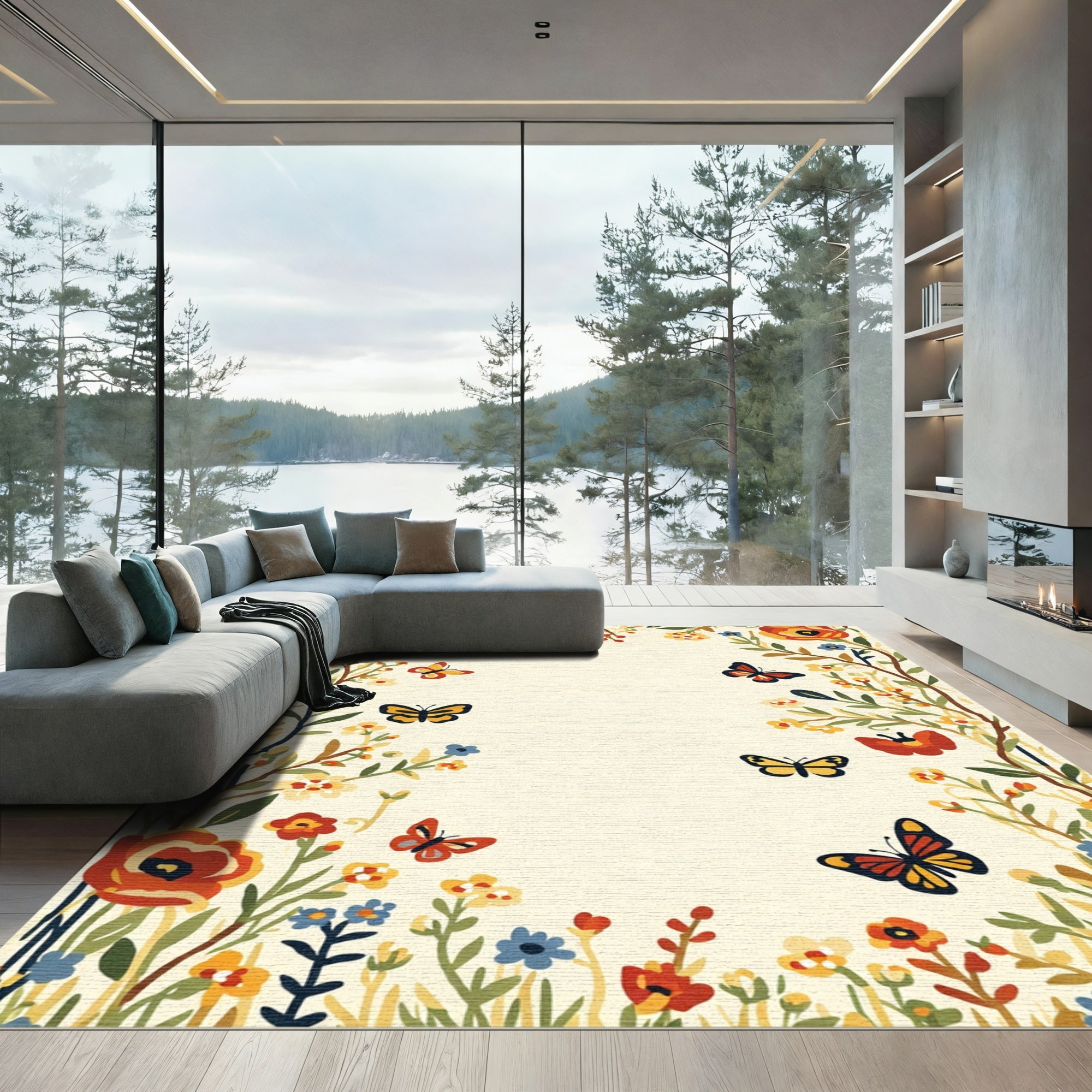 Vibrant Butterfly Meadow Floral Border Rug