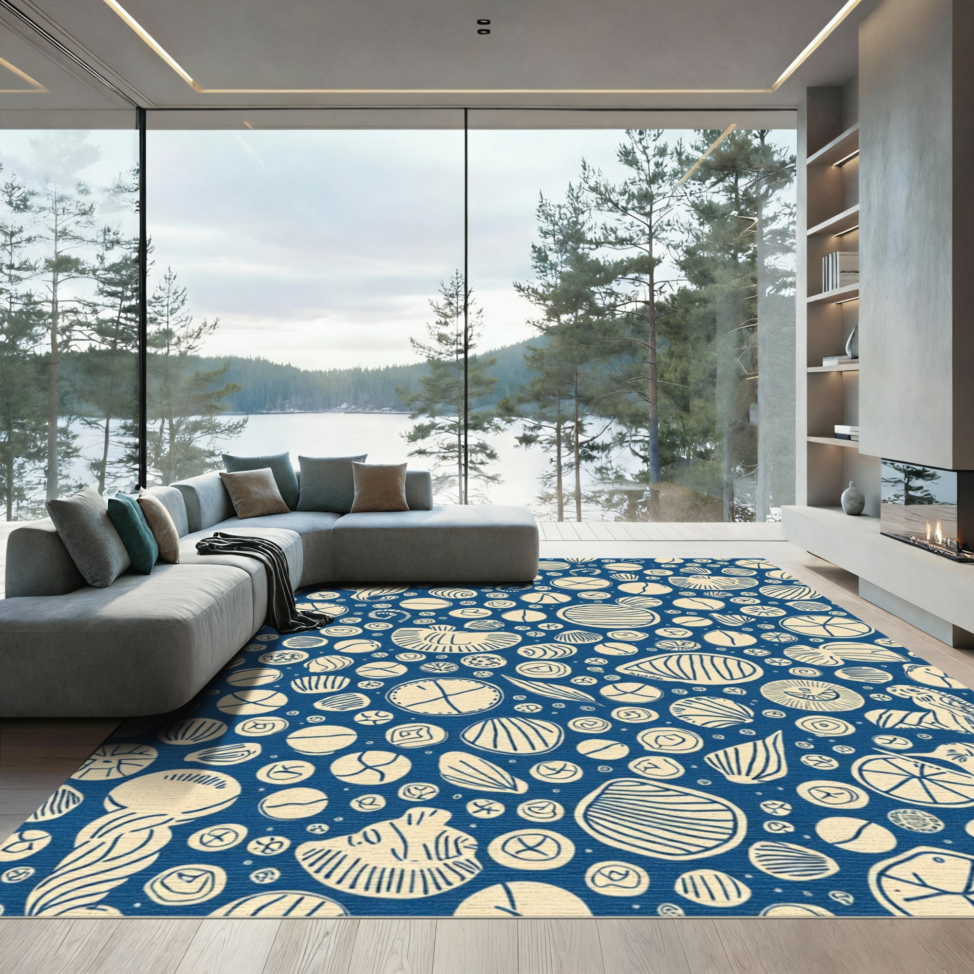 Deep Blue Cream Organic Circles Rug