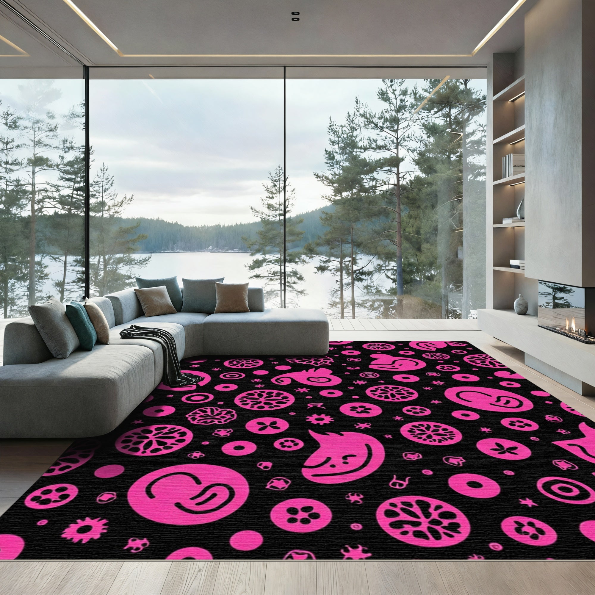 Vibrant Hot Pink Abstract Whimsical Figures Rug