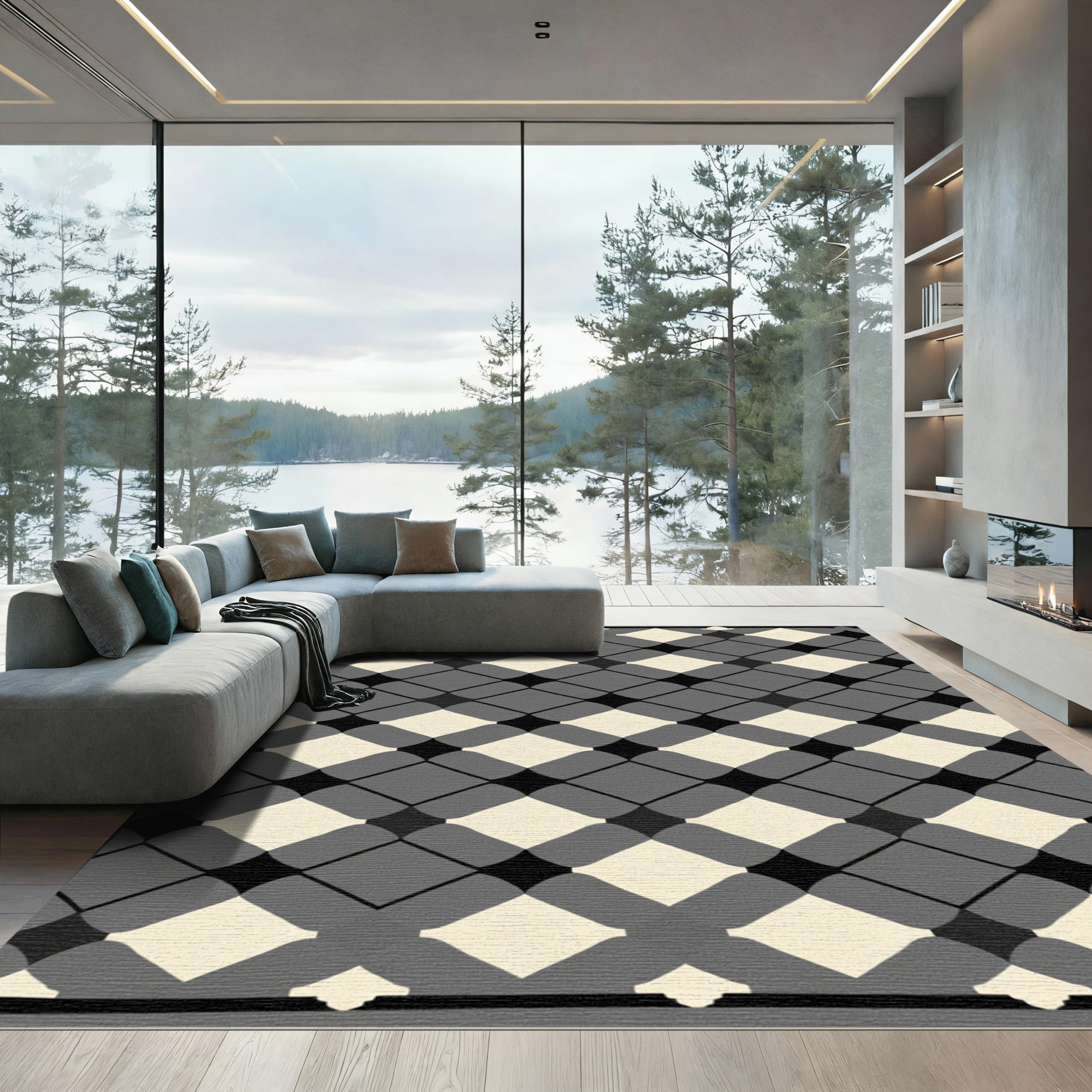 Gray Black Ivory Diamond Lattice Rug