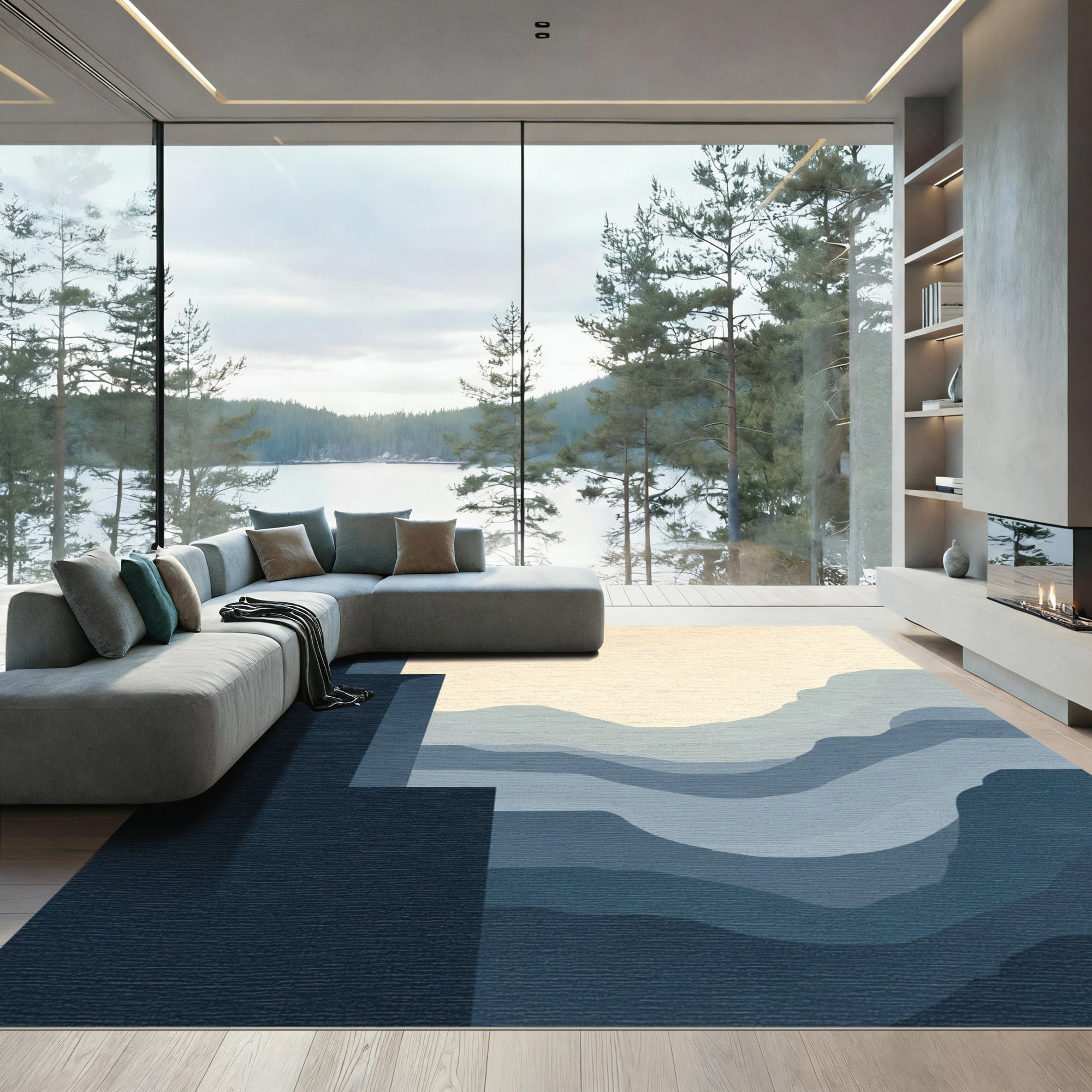 Layered Blue Mountain Landscape Rug