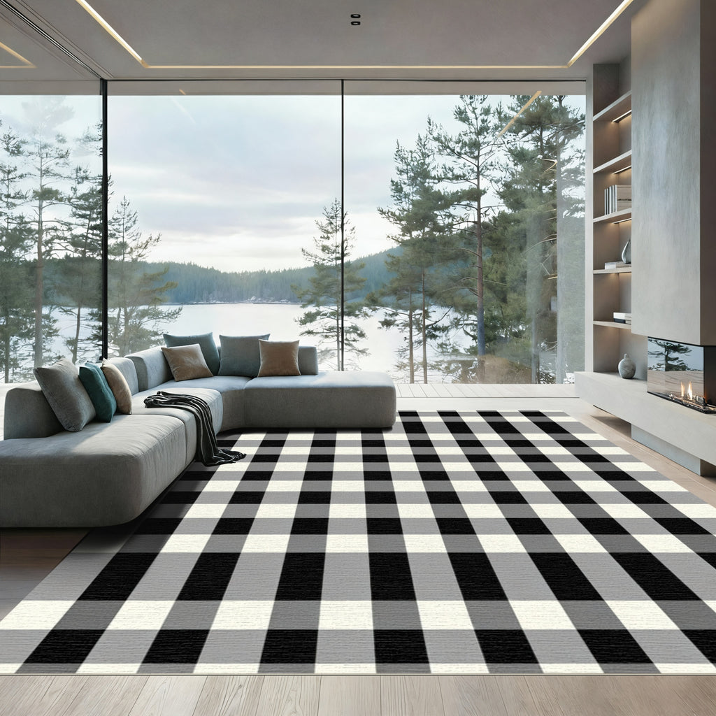 Black White Cream Gingham Plaid Rug