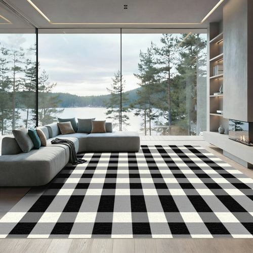 Black White Cream Gingham Plaid Rug