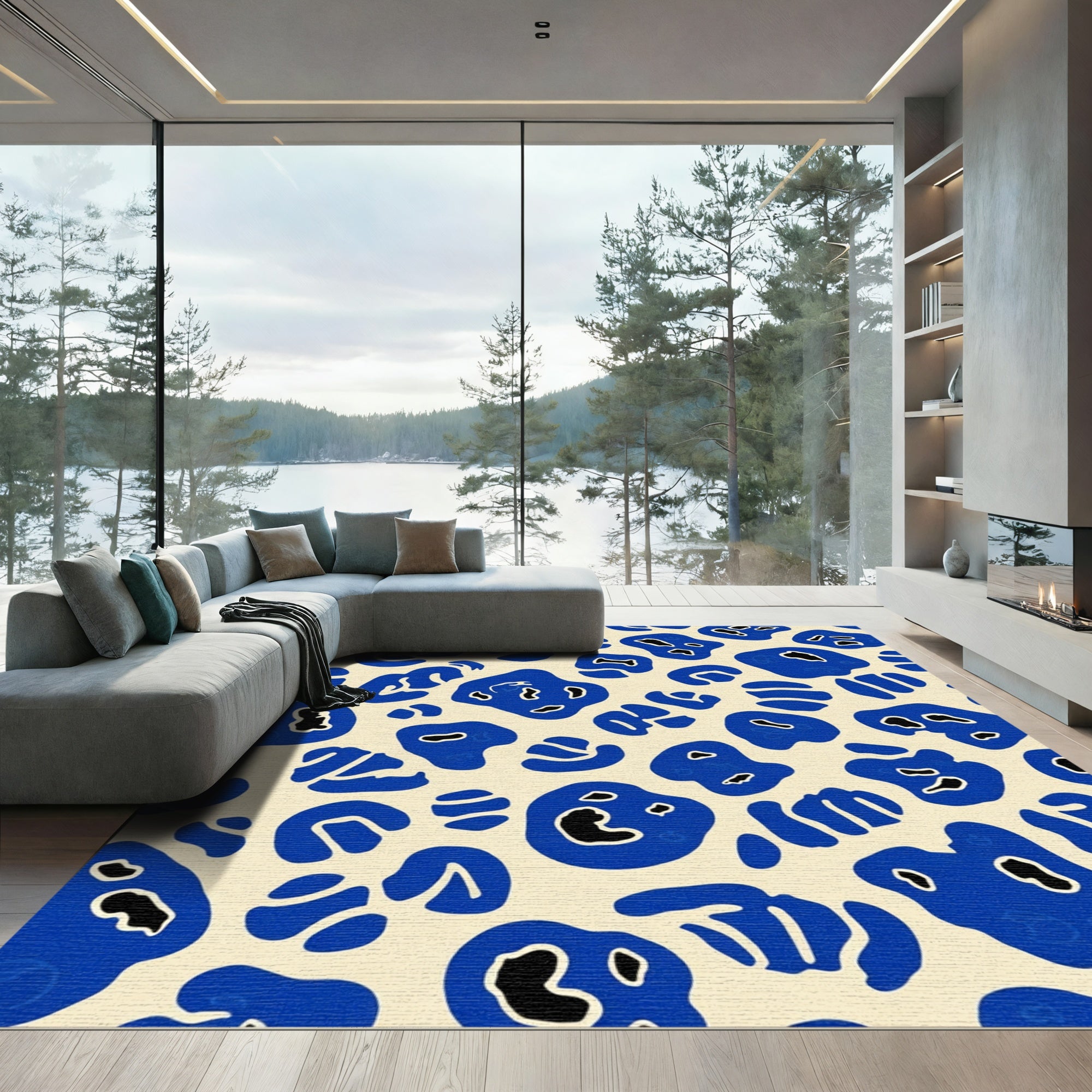 Bold Blue Amoeba Organic Shapes Rug