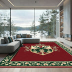 Regal Deer Crest Red Floral Border Rug