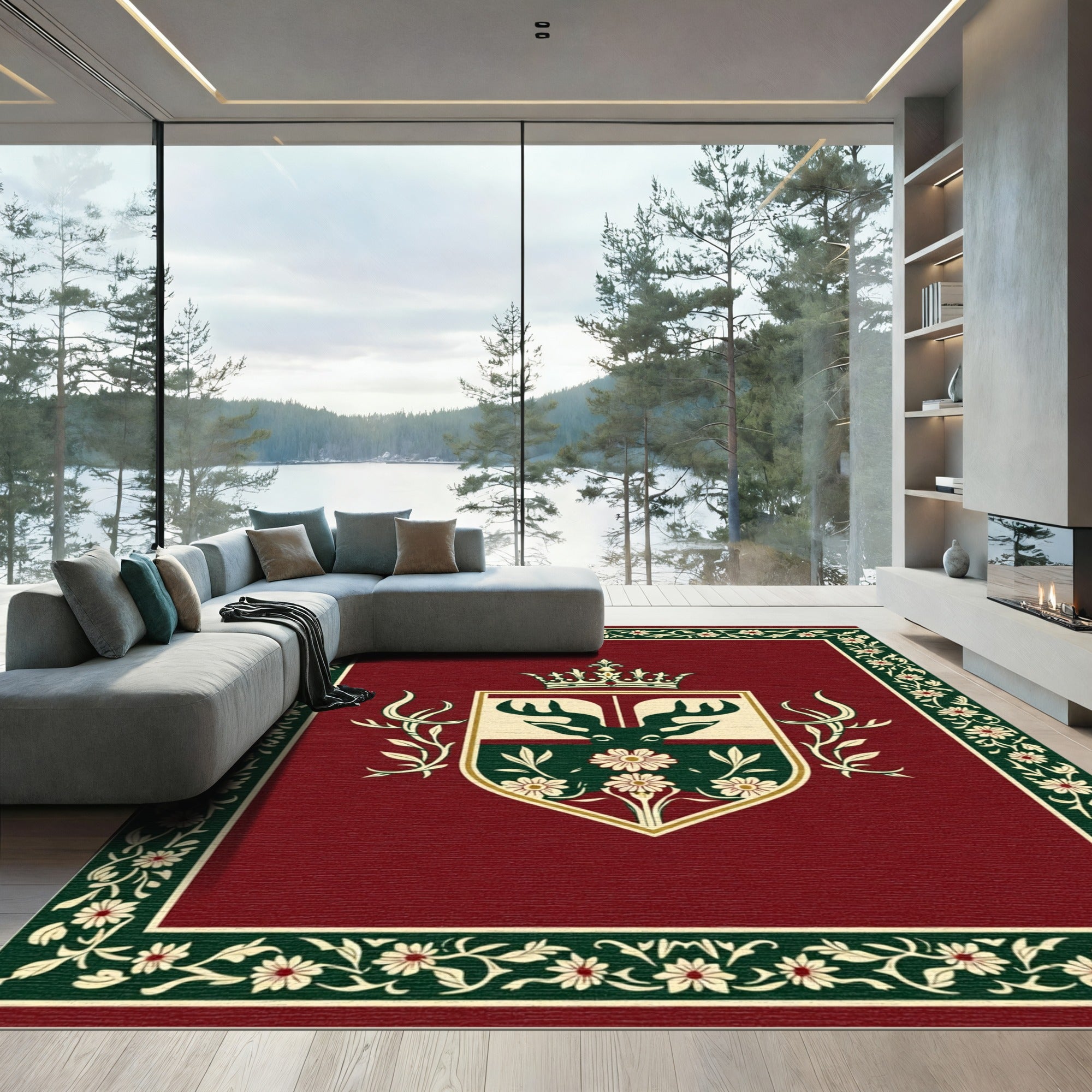 Regal Deer Crest Red Floral Border Rug