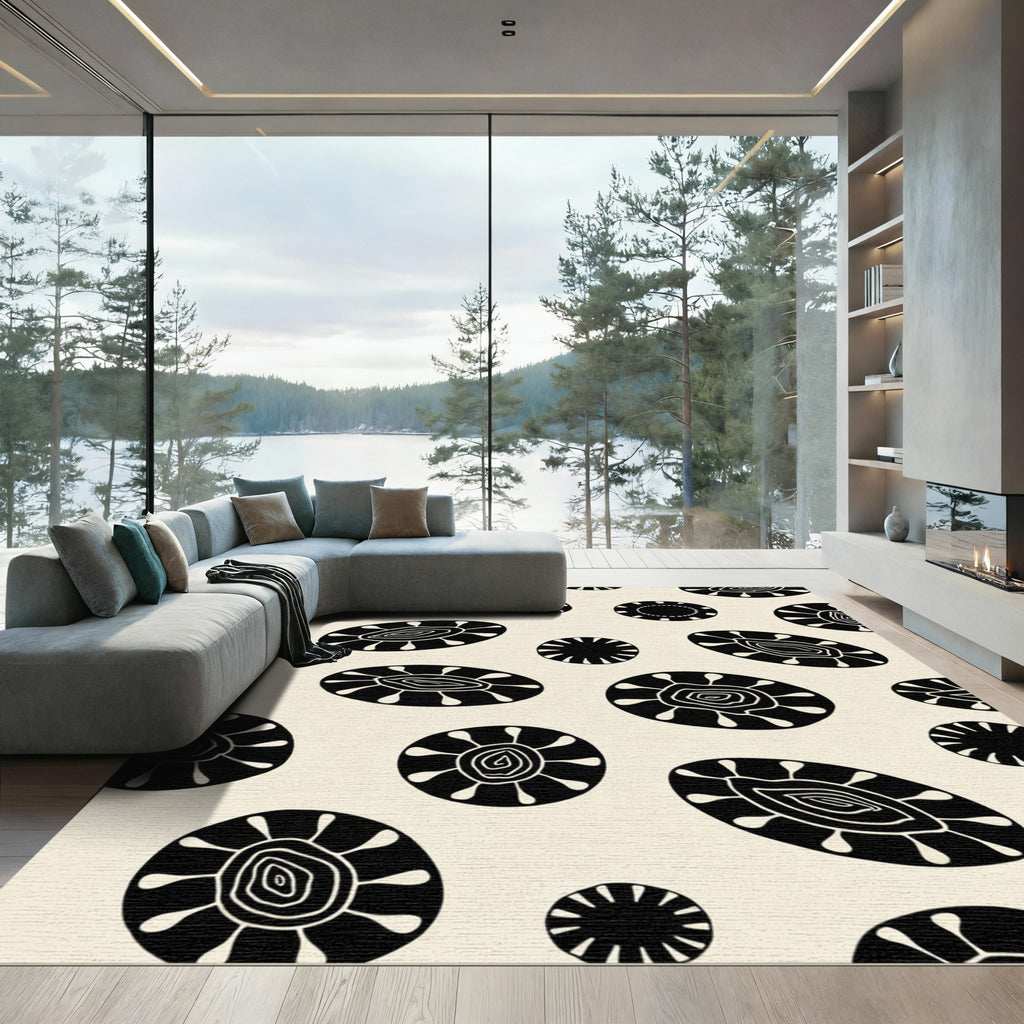Black White Abstract Organic Rounds Rug